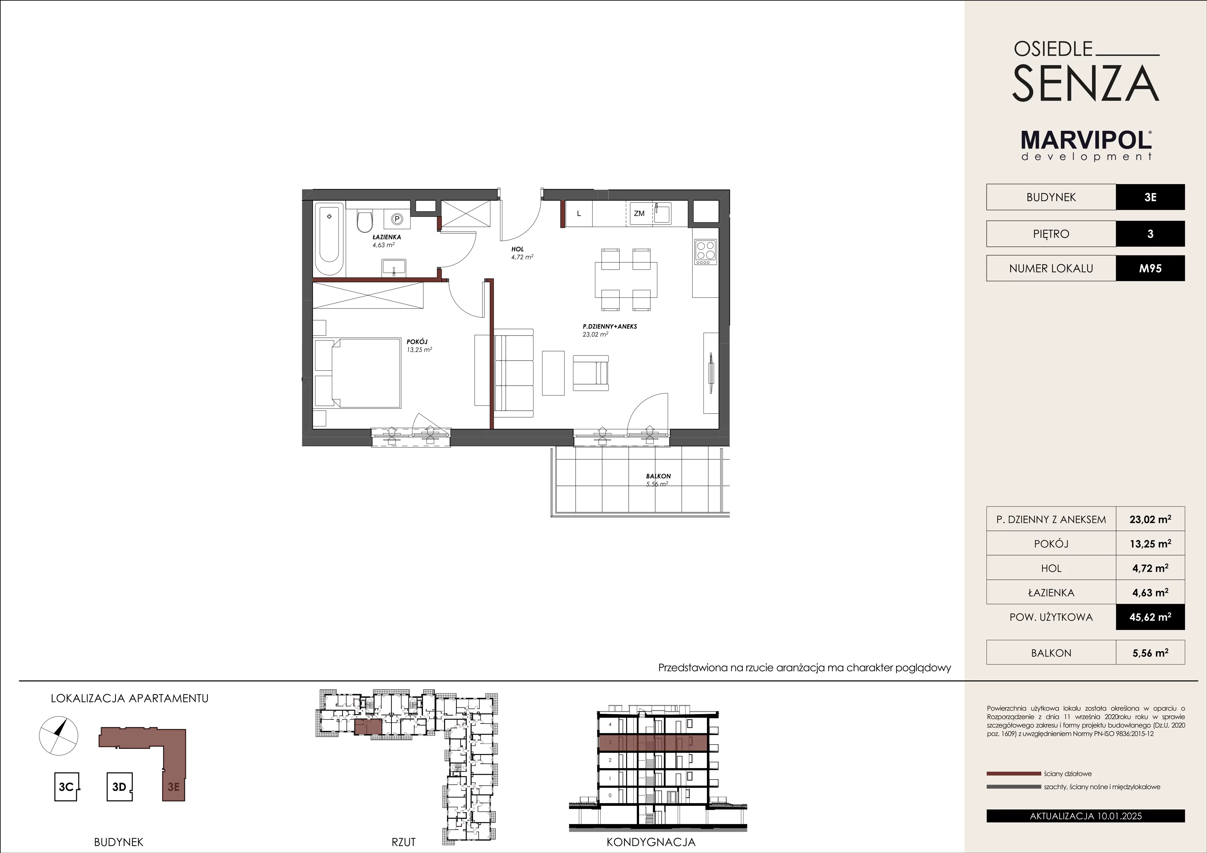 2 pokoje, mieszkanie 45,62 m², piętro 3, oferta nr 3E/M95, Osiedle Senza, Warszawa, Białołęka, Nowodwory, ul. Grzymalitów 3C, 3D, 3E