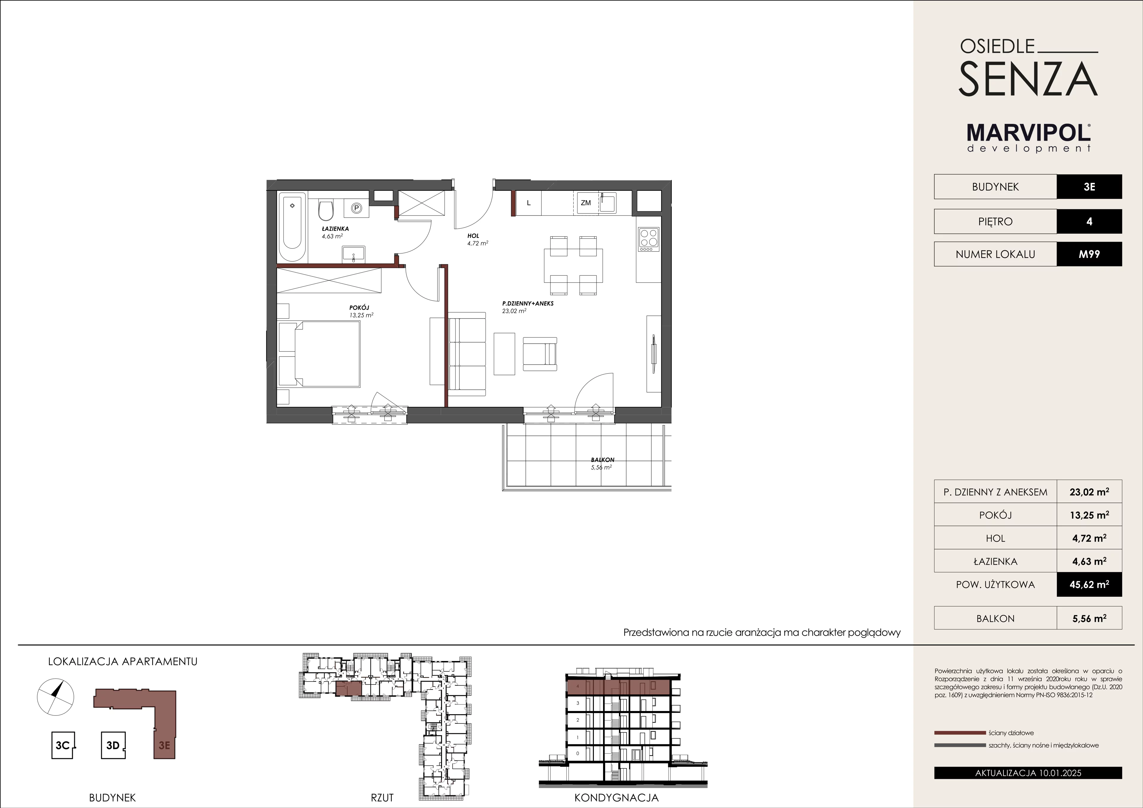 2 pokoje, mieszkanie 45,62 m², piętro 4, oferta nr 3E/M99, Osiedle Senza, Warszawa, Białołęka, Nowodwory, ul. Grzymalitów 3C, 3D, 3E