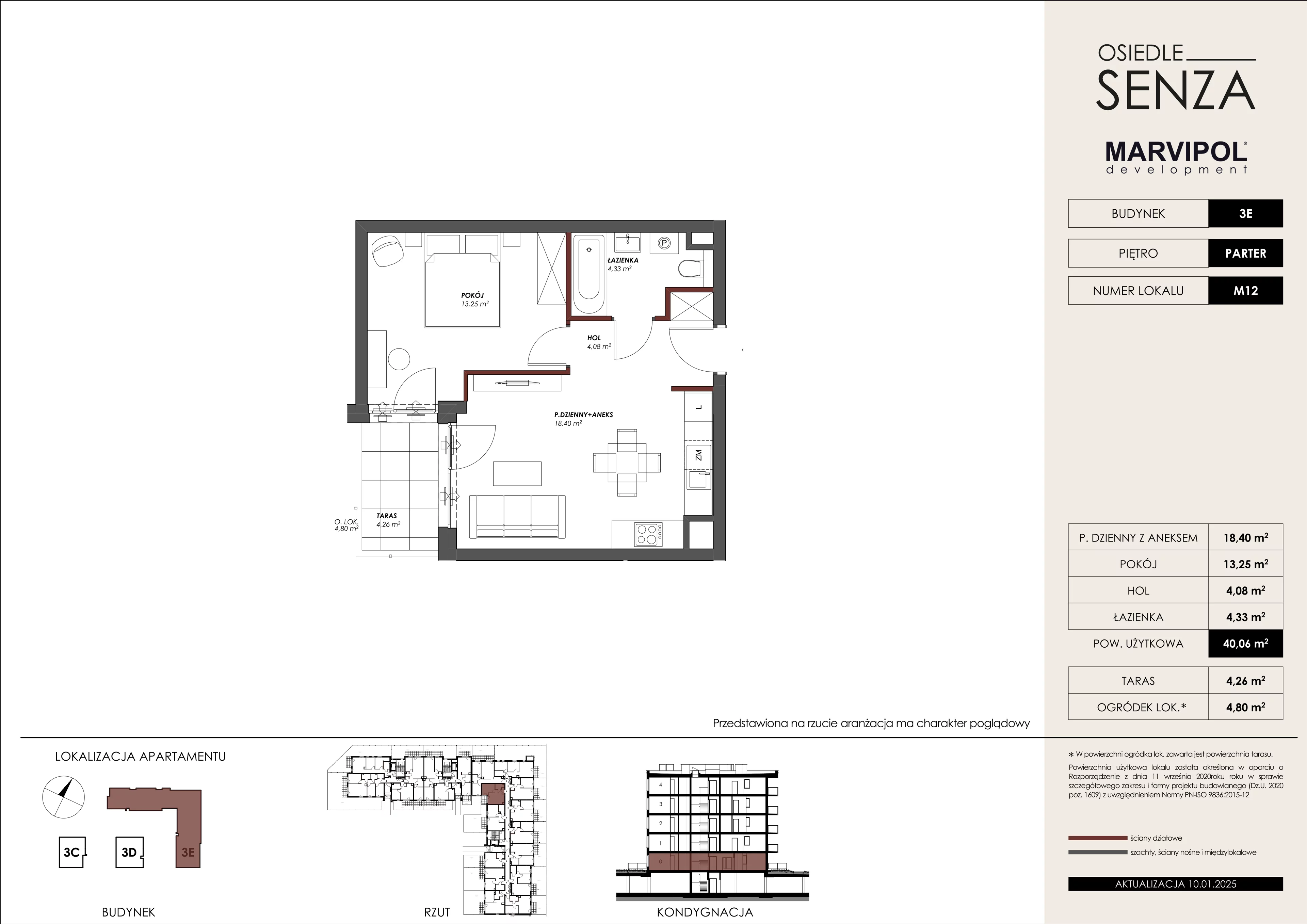 2 pokoje, mieszkanie 40,06 m², parter, oferta nr 3E/M12, Osiedle Senza, Warszawa, Białołęka, Nowodwory, ul. Grzymalitów 3C, 3D, 3E