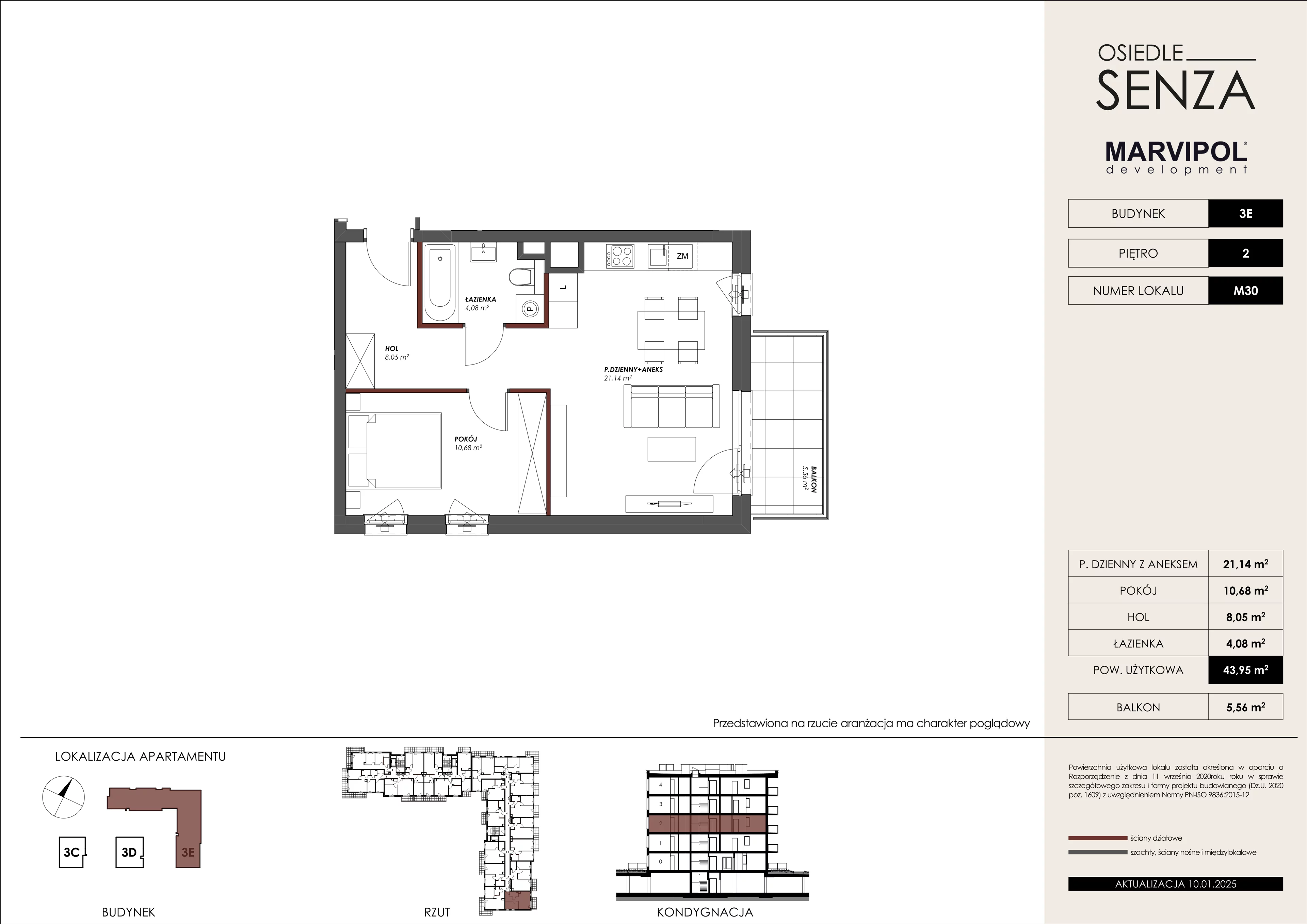 2 pokoje, mieszkanie 43,95 m², piętro 2, oferta nr 3E/M30, Osiedle Senza, Warszawa, Białołęka, Nowodwory, ul. Grzymalitów 3C, 3D, 3E
