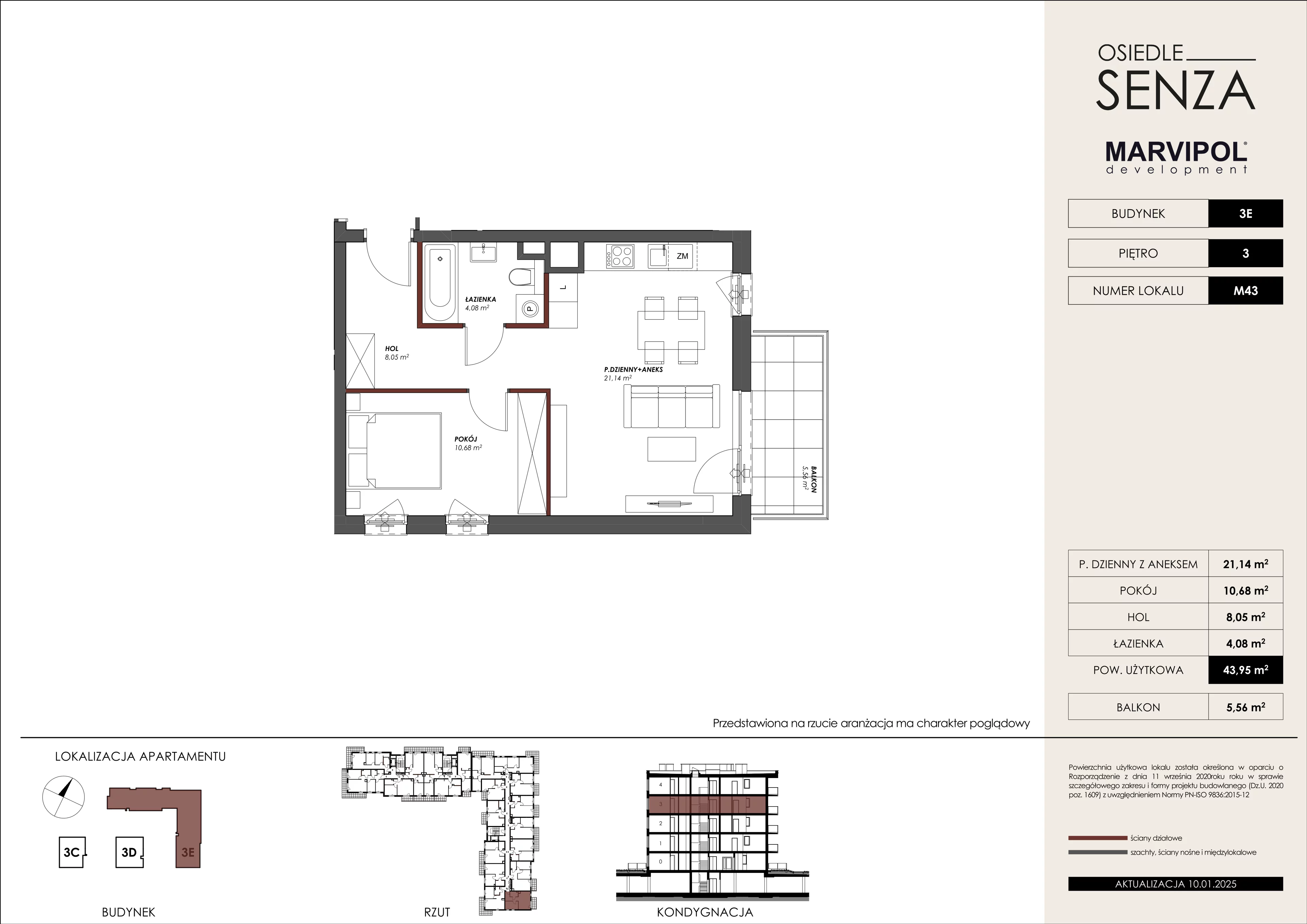 2 pokoje, mieszkanie 43,95 m², piętro 3, oferta nr 3E/M43, Osiedle Senza, Warszawa, Białołęka, Nowodwory, ul. Grzymalitów 3C, 3D, 3E