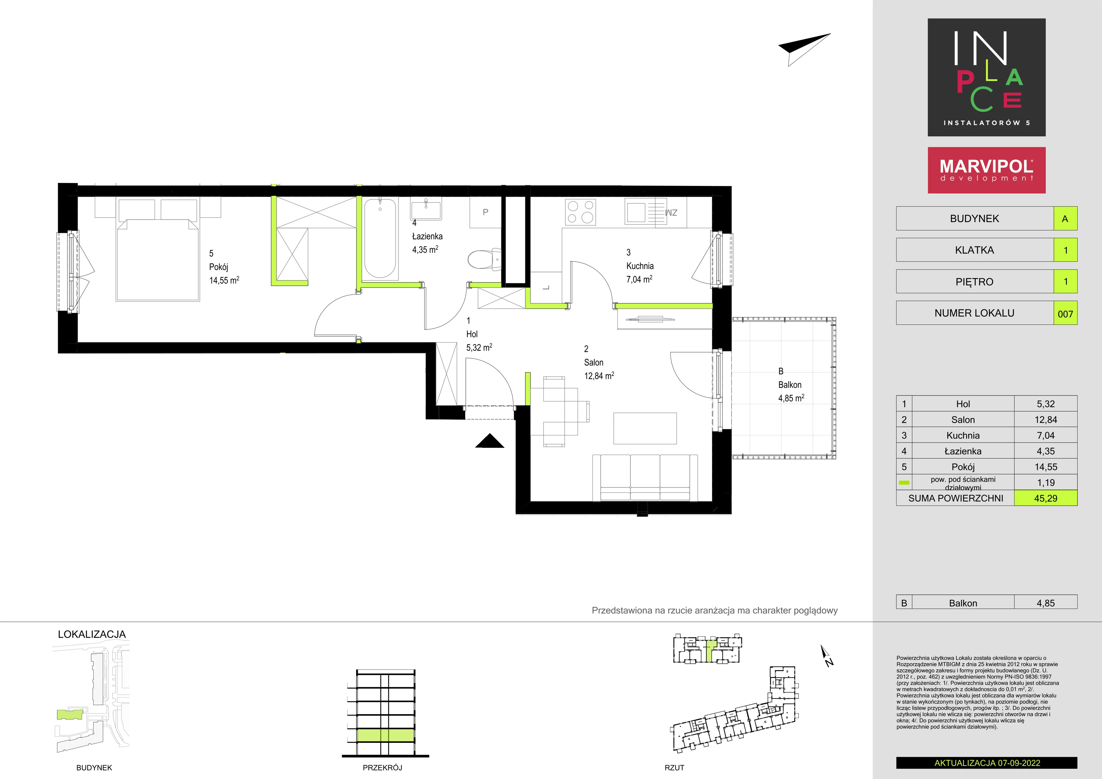 2 pokoje, mieszkanie 45,29 m², piętro 1, oferta nr 2/A/A007, In Place, Warszawa, Włochy, Raków, ul. Instalatorów 7 