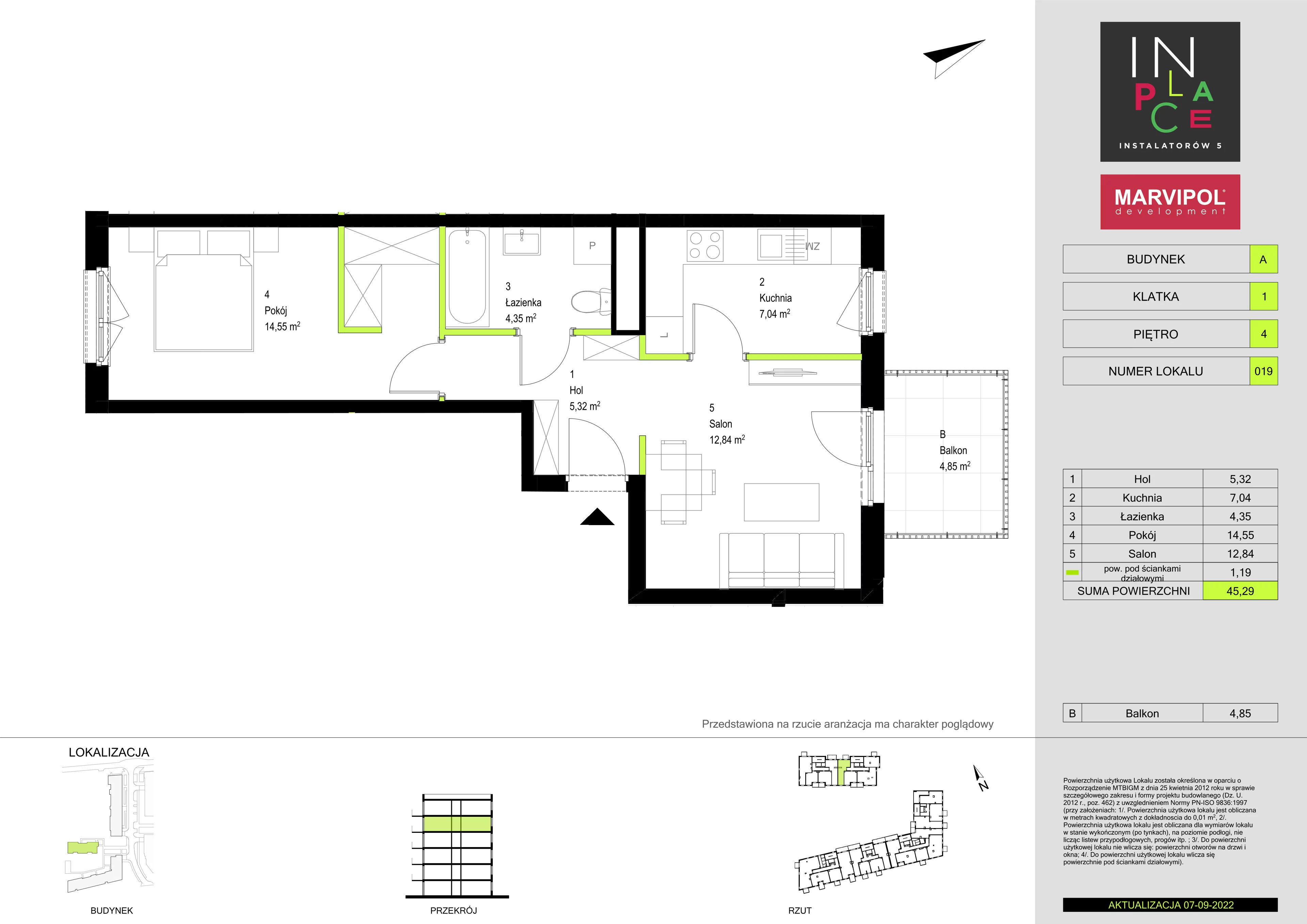 2 pokoje, mieszkanie 45,29 m², piętro 4, oferta nr 2/A/A019, In Place, Warszawa, Włochy, Raków, ul. Instalatorów 7 