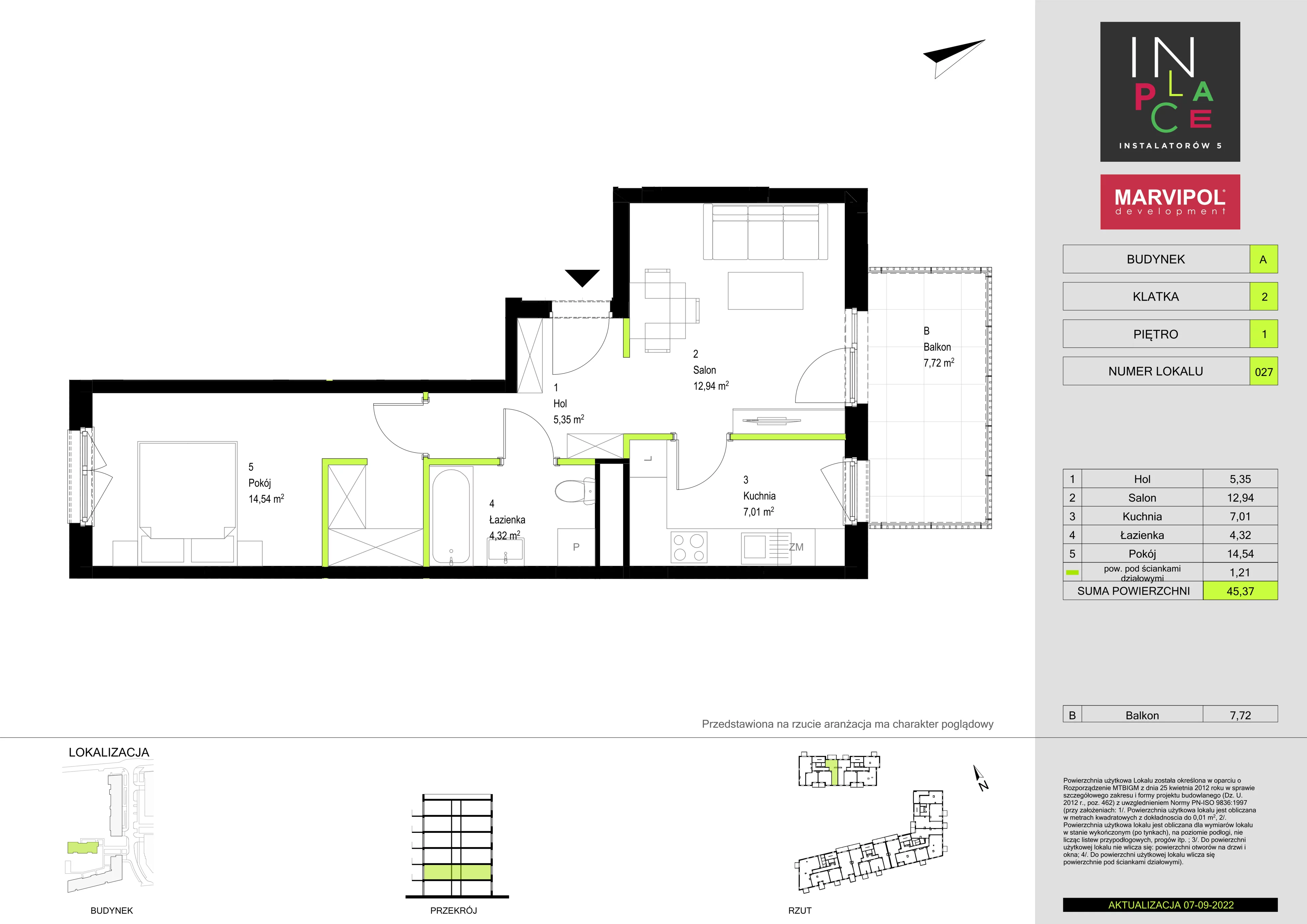 2 pokoje, mieszkanie 45,37 m², piętro 1, oferta nr 2/A/A027, In Place, Warszawa, Włochy, Raków, ul. Instalatorów 7 