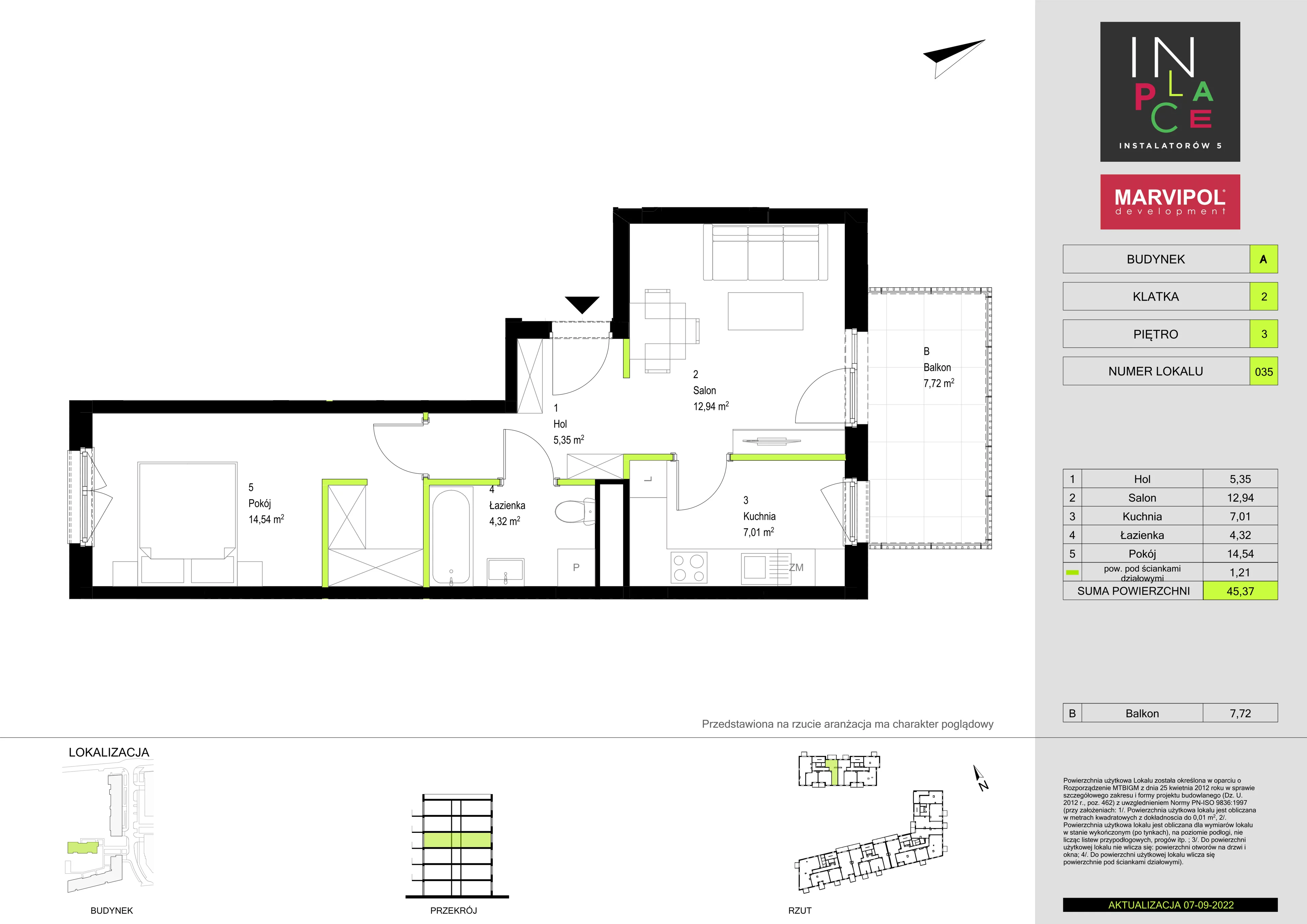 2 pokoje, mieszkanie 45,37 m², piętro 3, oferta nr 2/A/A035, In Place, Warszawa, Włochy, Raków, ul. Instalatorów 7 