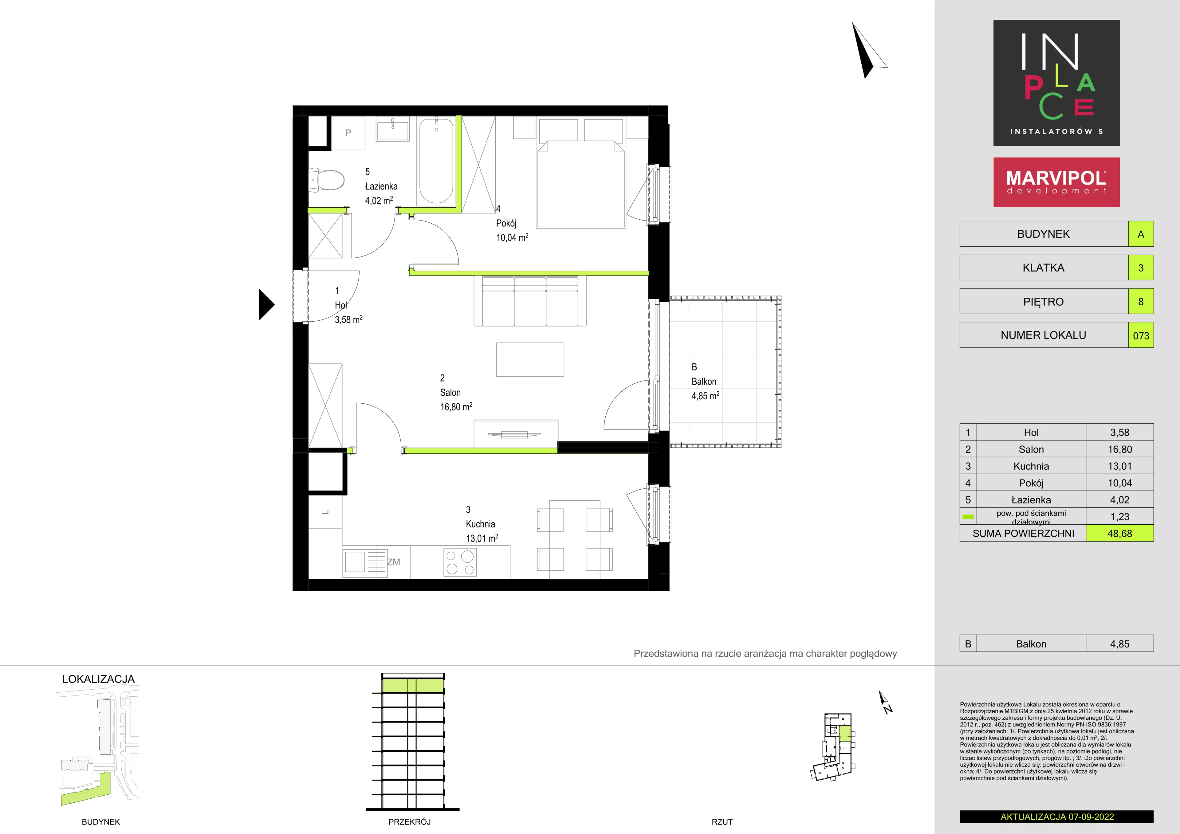 2 pokoje, mieszkanie 48,68 m², piętro 8, oferta nr 2/A/A073, In Place, Warszawa, Włochy, Raków, ul. Instalatorów 7 