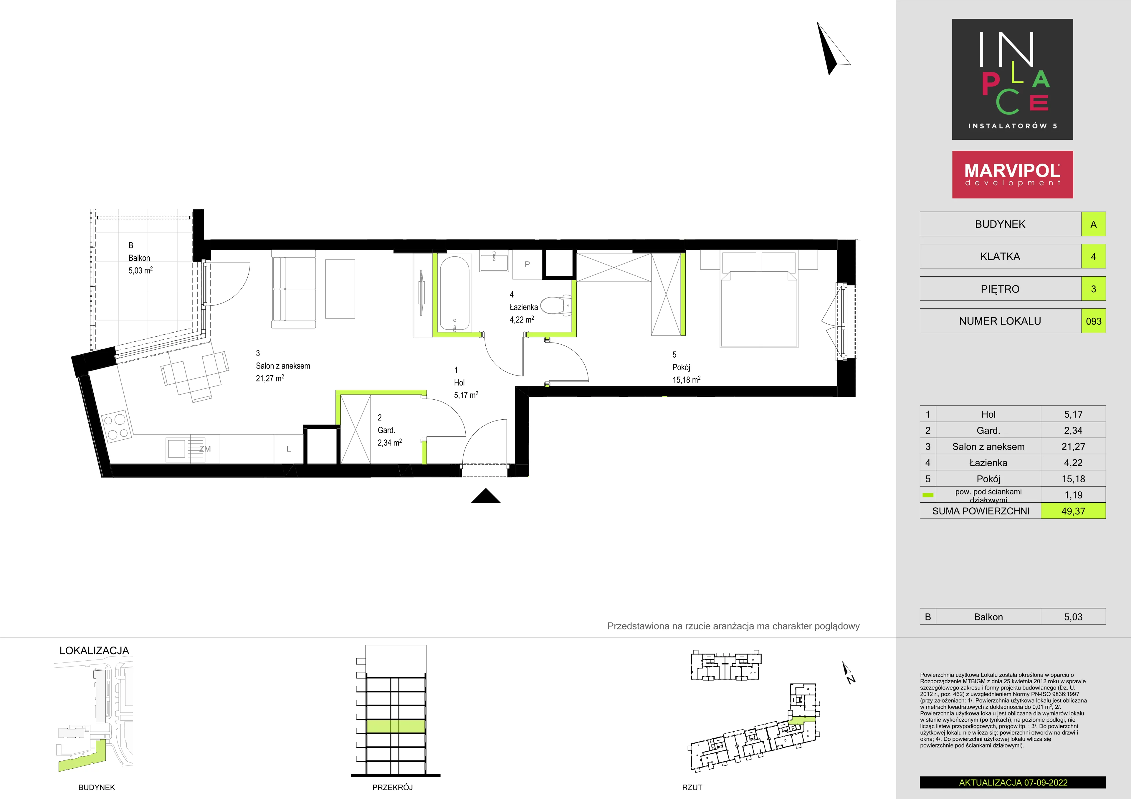 2 pokoje, mieszkanie 49,37 m², piętro 3, oferta nr 2/A/A093, In Place, Warszawa, Włochy, Raków, ul. Instalatorów 7 