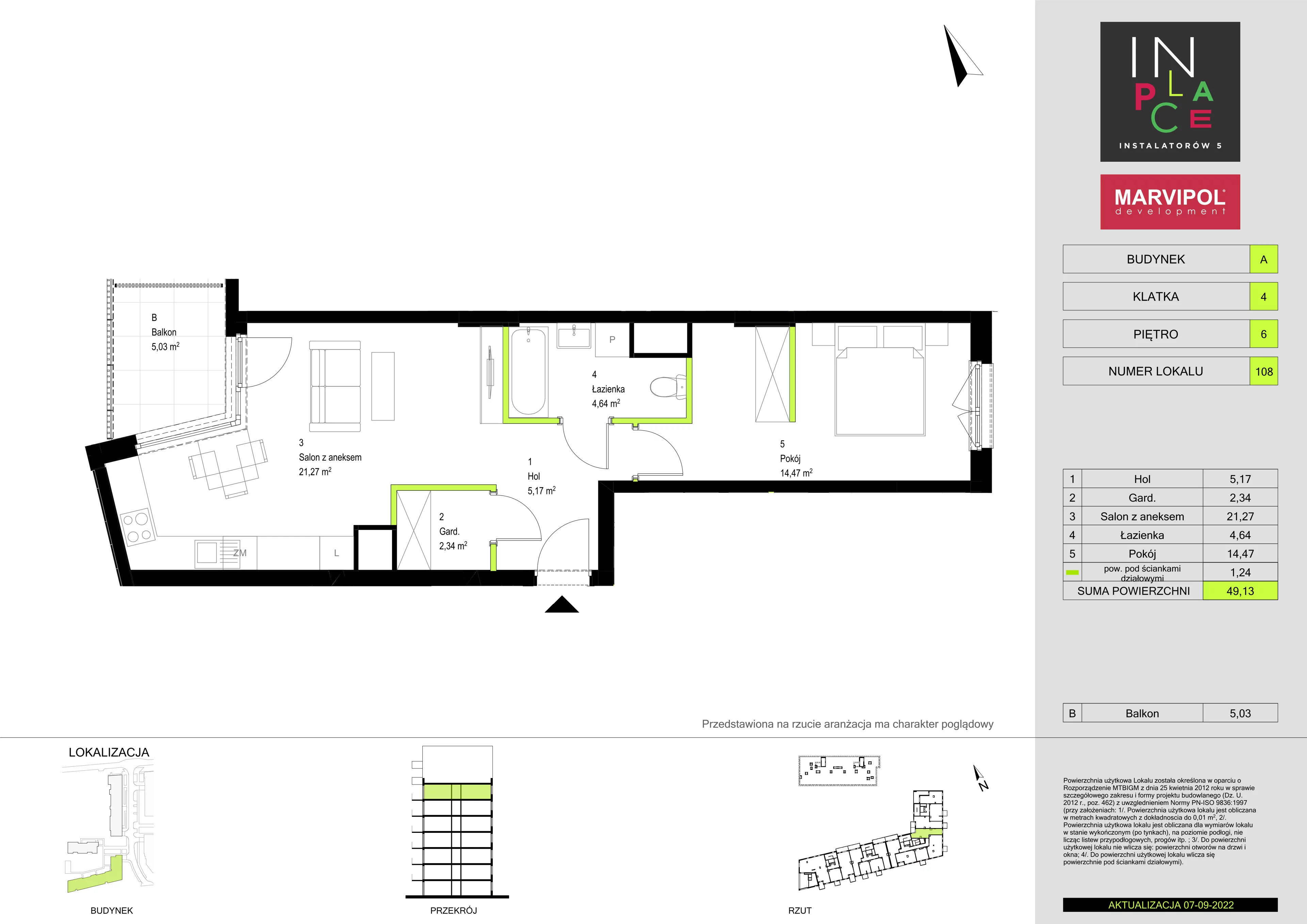 2 pokoje, mieszkanie 49,13 m², piętro 6, oferta nr 2/A/A108, In Place, Warszawa, Włochy, Raków, ul. Instalatorów 7 