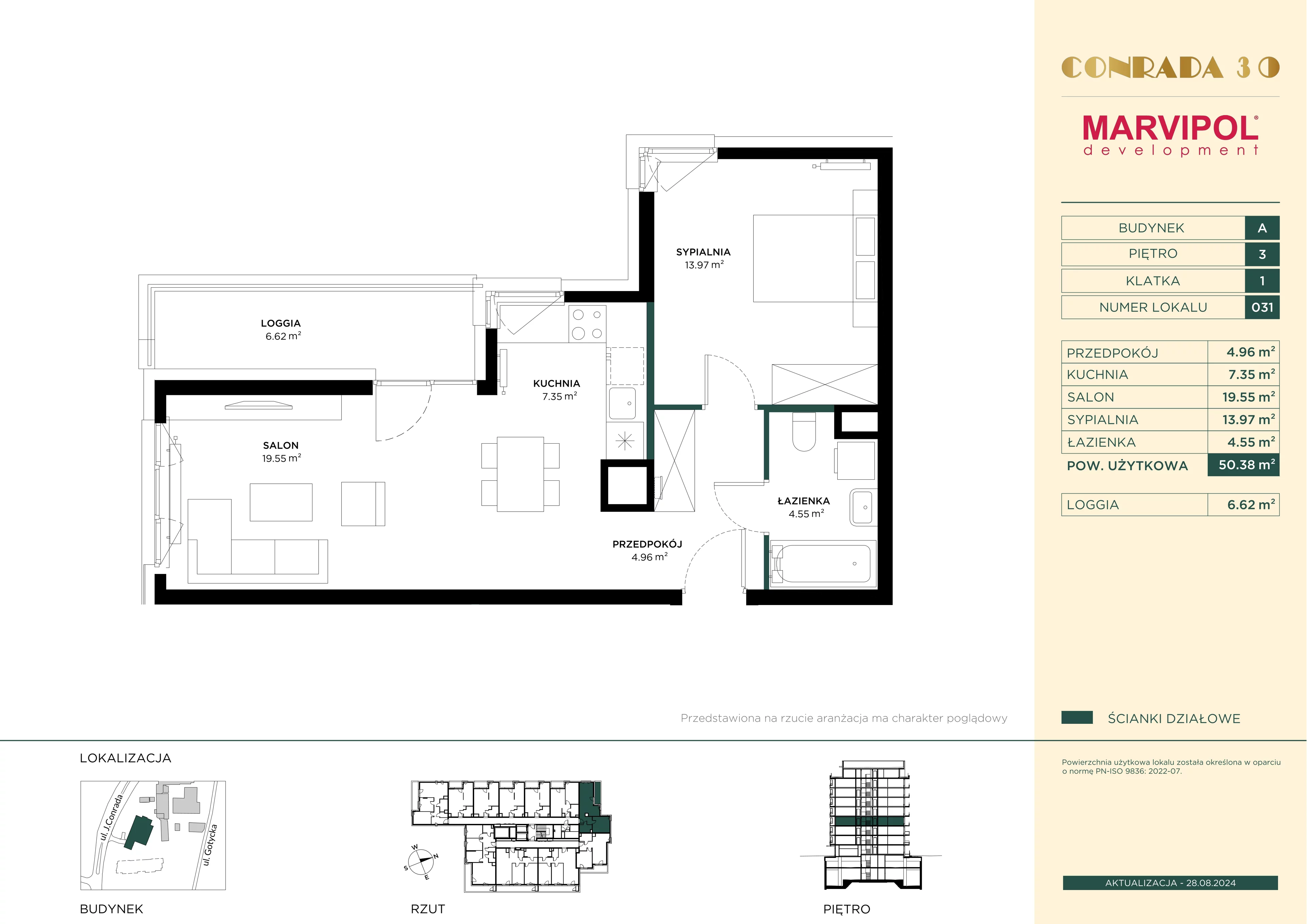 2 pokoje, mieszkanie 50,38 m², piętro 3, oferta nr 1/A031, Conrada 30, Warszawa, Bielany, Chomiczówka, ul. Josepha Conrada 30