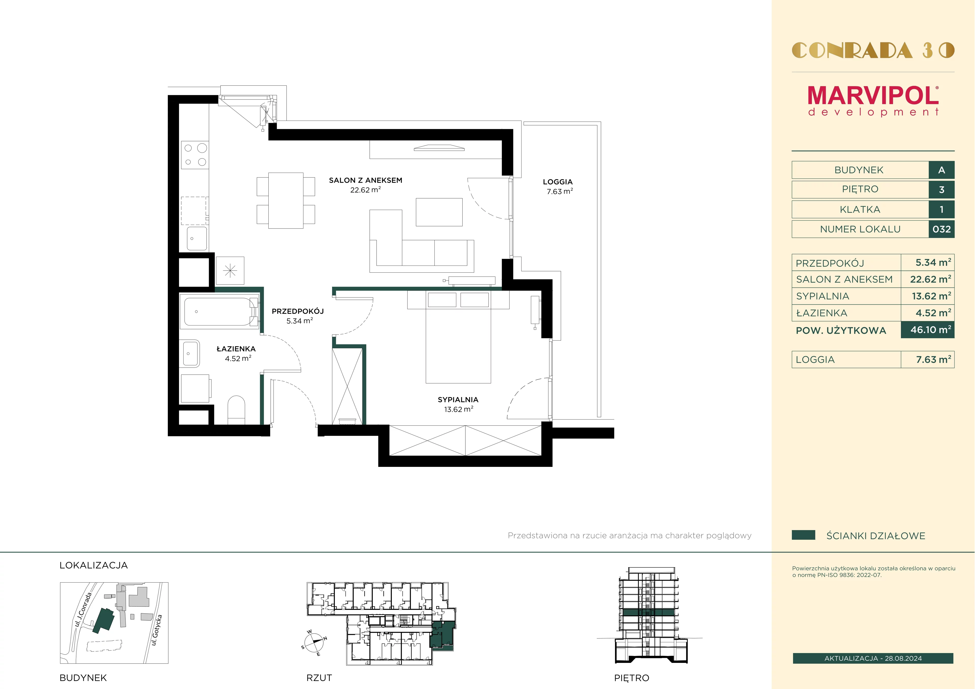 2 pokoje, mieszkanie 46,10 m², piętro 3, oferta nr 1/A032, Conrada 30, Warszawa, Bielany, Chomiczówka, ul. Josepha Conrada 30