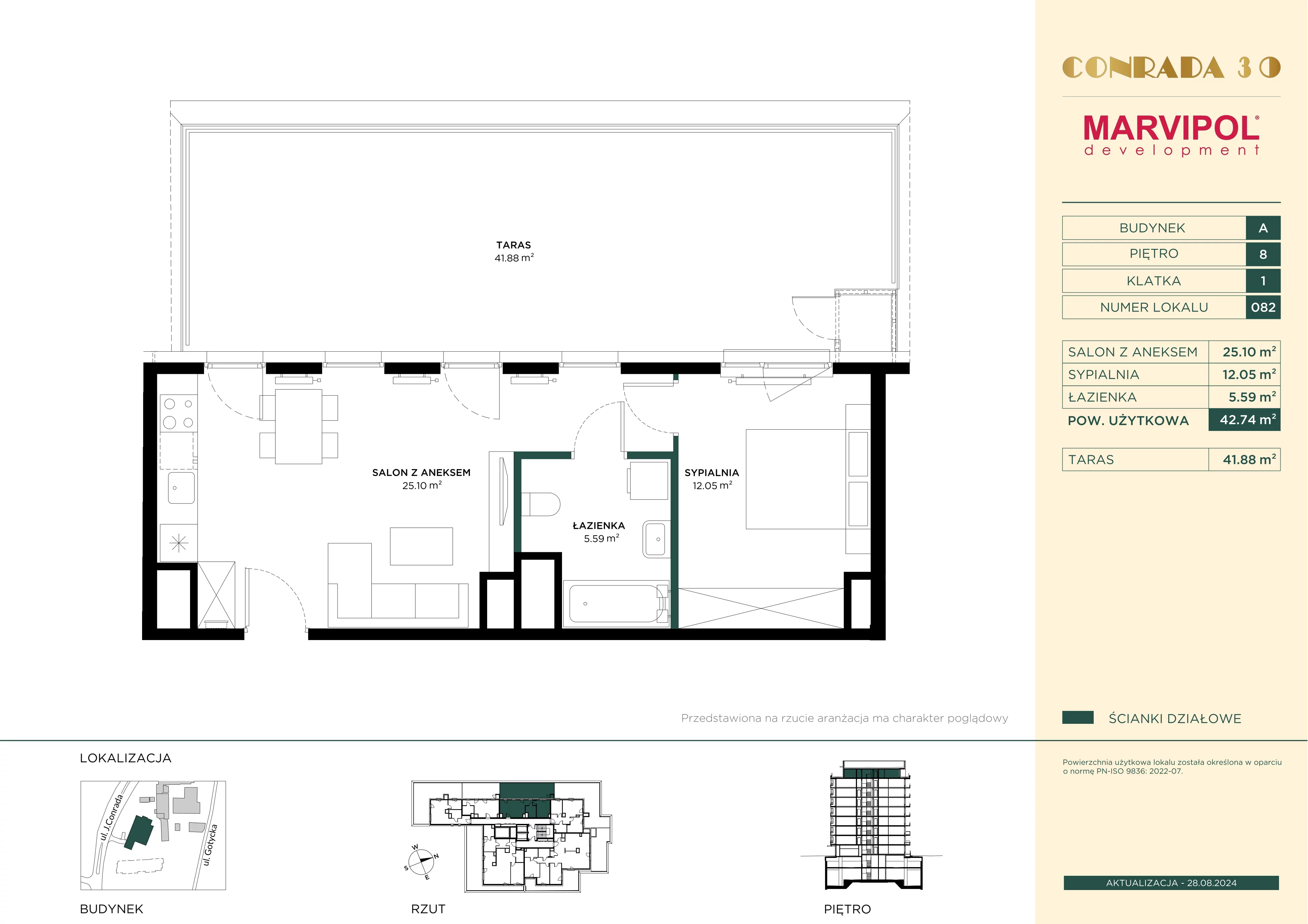 2 pokoje, mieszkanie 42,74 m², piętro 8, oferta nr 1/A082, Conrada 30, Warszawa, Bielany, Chomiczówka, ul. Josepha Conrada 30