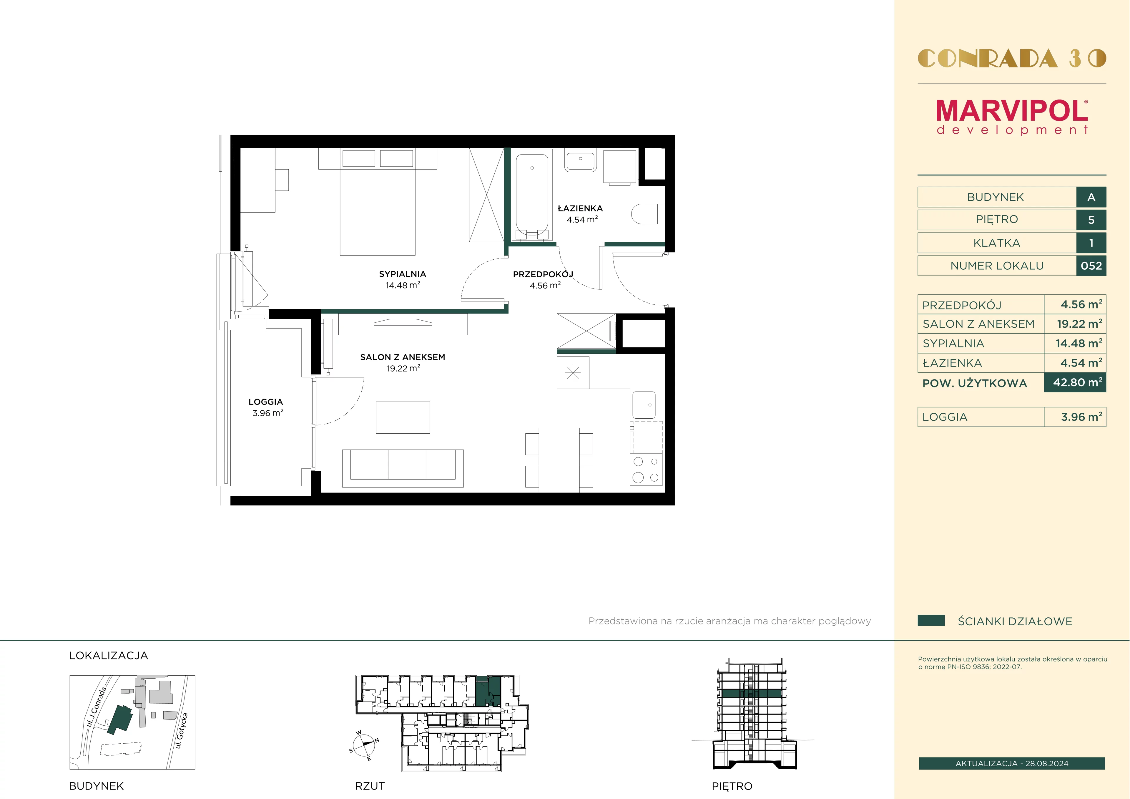 2 pokoje, mieszkanie 42,80 m², piętro 5, oferta nr 1/A052, Conrada 30, Warszawa, Bielany, Chomiczówka, ul. Josepha Conrada 30