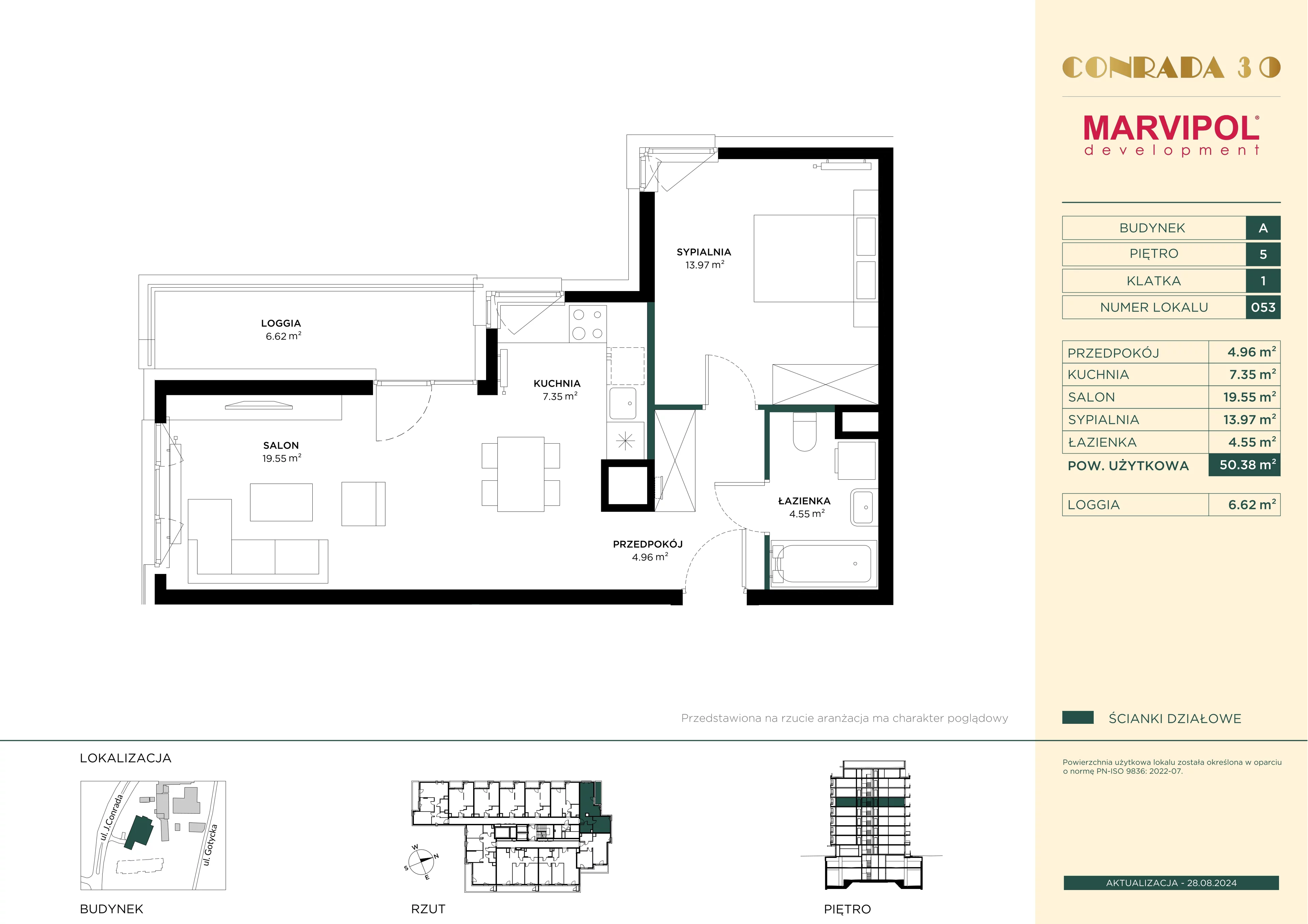 2 pokoje, mieszkanie 50,38 m², piętro 5, oferta nr 1/A053, Conrada 30, Warszawa, Bielany, Chomiczówka, ul. Josepha Conrada 30
