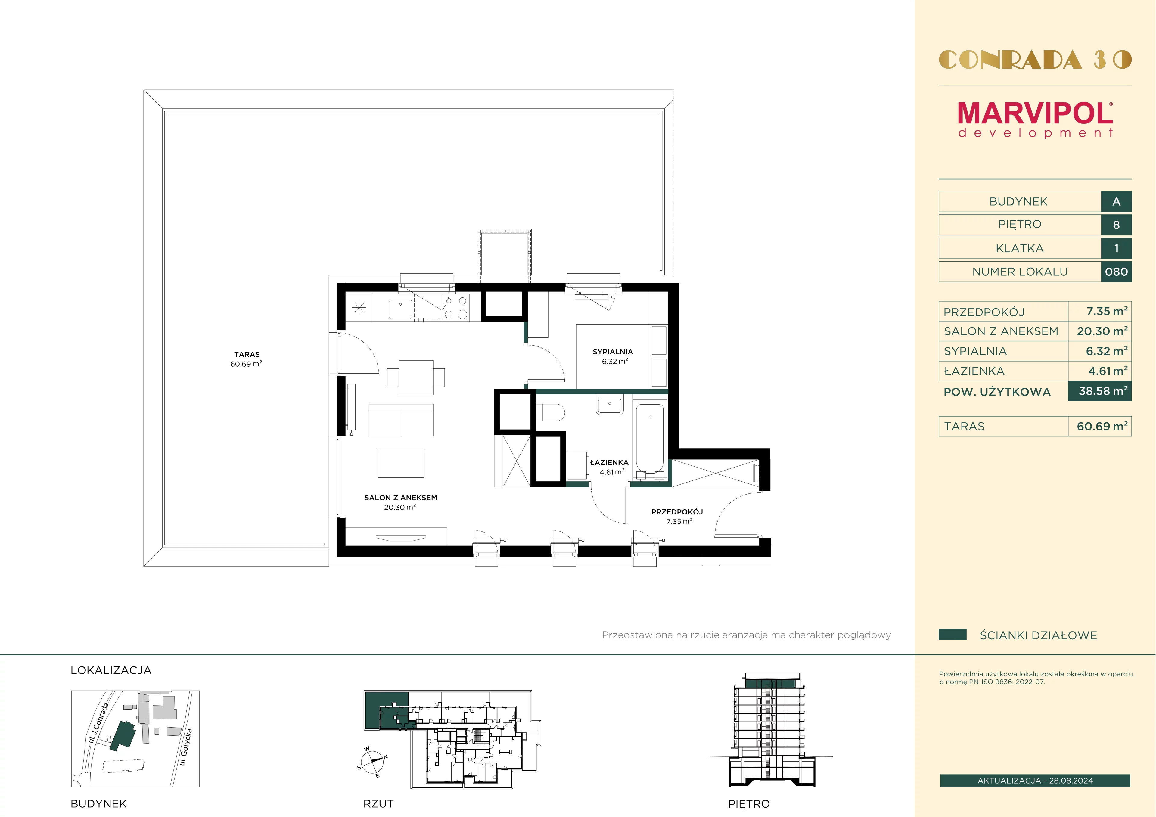 2 pokoje, mieszkanie 38,58 m², piętro 8, oferta nr 1/A080, Conrada 30, Warszawa, Bielany, Chomiczówka, ul. Josepha Conrada 30