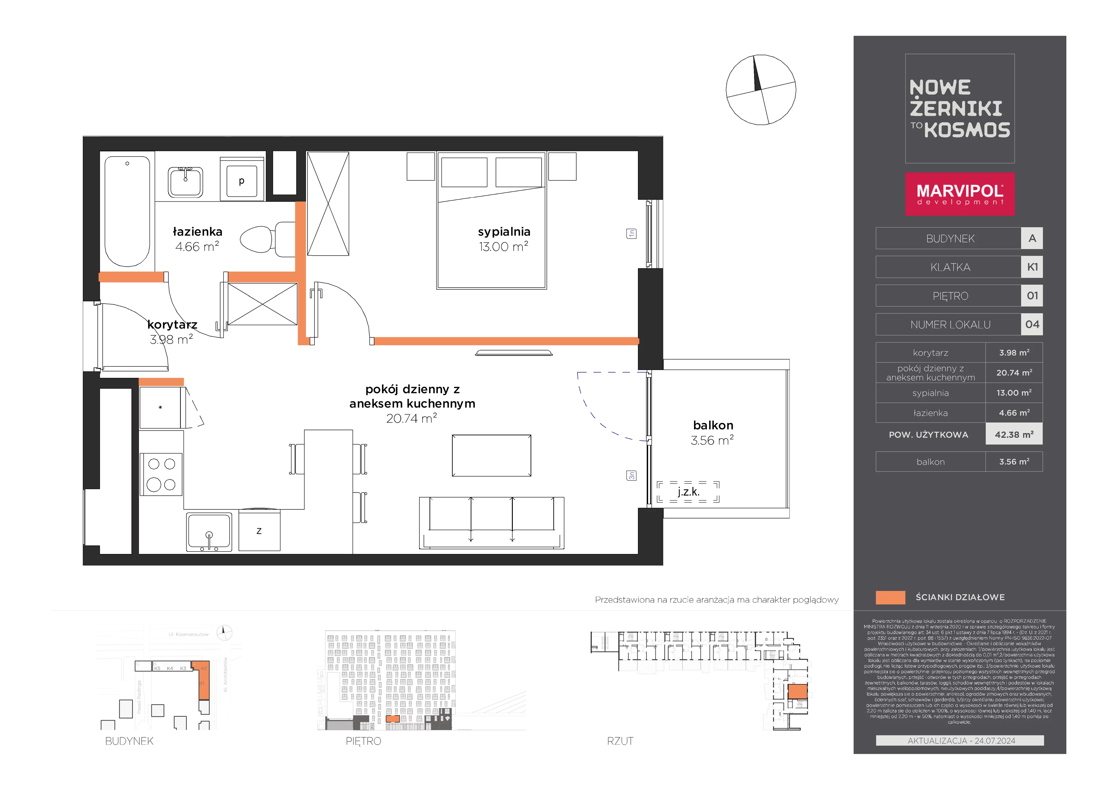 2 pokoje, mieszkanie 42,38 m², piętro 1, oferta nr A/A-01-04-K1, Nowe Żerniki to KOSMOS, Wrocław, Żerniki, ul. Kosmonautów / al. Architektów