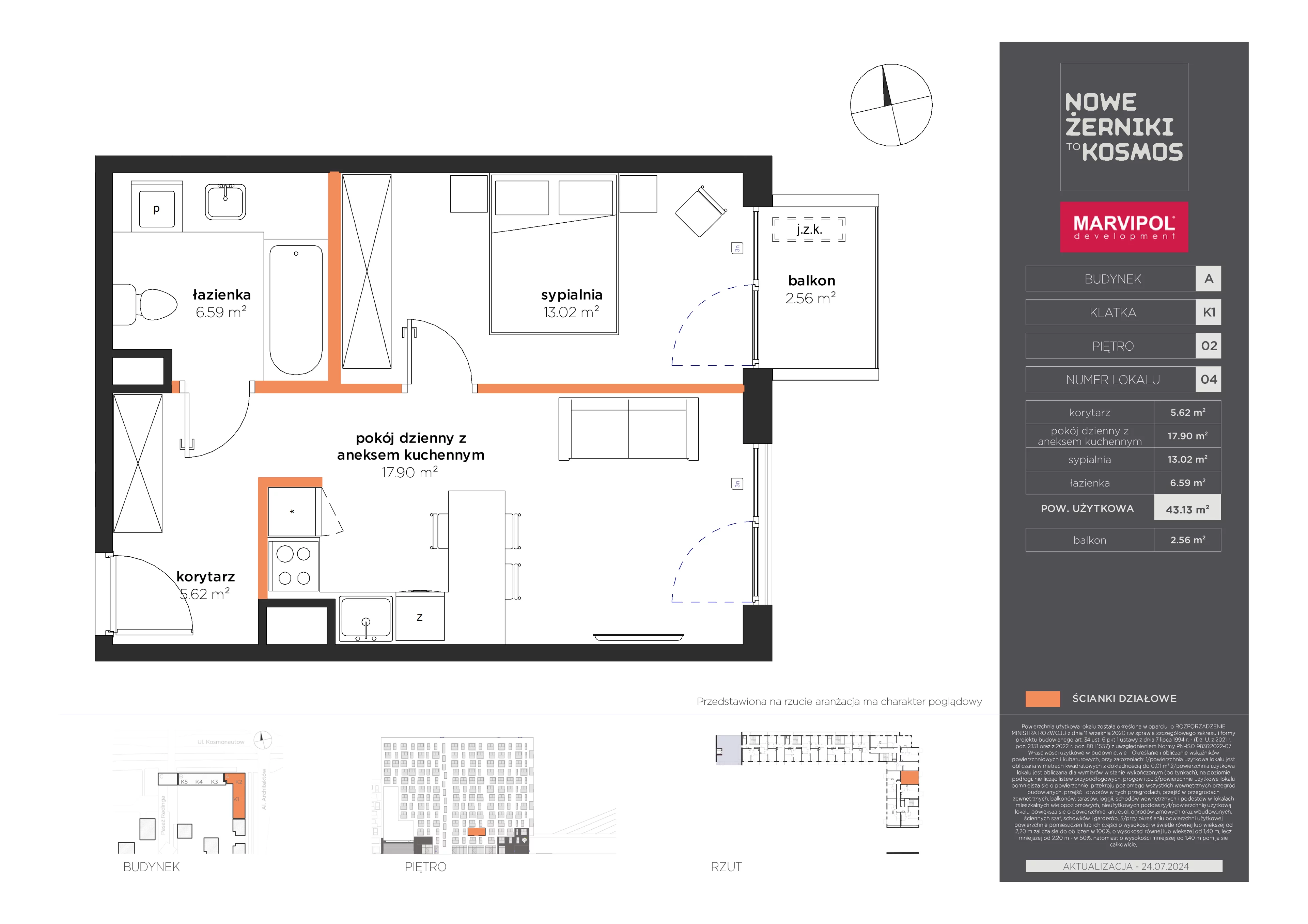 2 pokoje, mieszkanie 43,13 m², piętro 2, oferta nr A/A-02-04-K1, Nowe Żerniki to KOSMOS, Wrocław, Żerniki, ul. Kosmonautów / al. Architektów