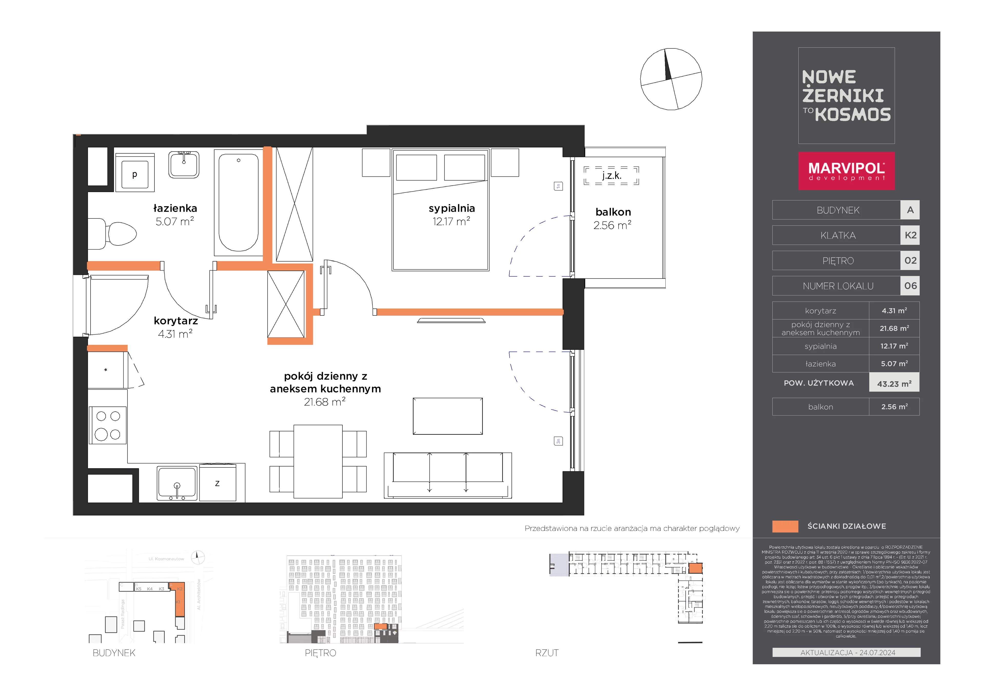 2 pokoje, mieszkanie 43,23 m², piętro 2, oferta nr A/A-02-06-K2, Nowe Żerniki to KOSMOS, Wrocław, Żerniki, ul. Kosmonautów / al. Architektów