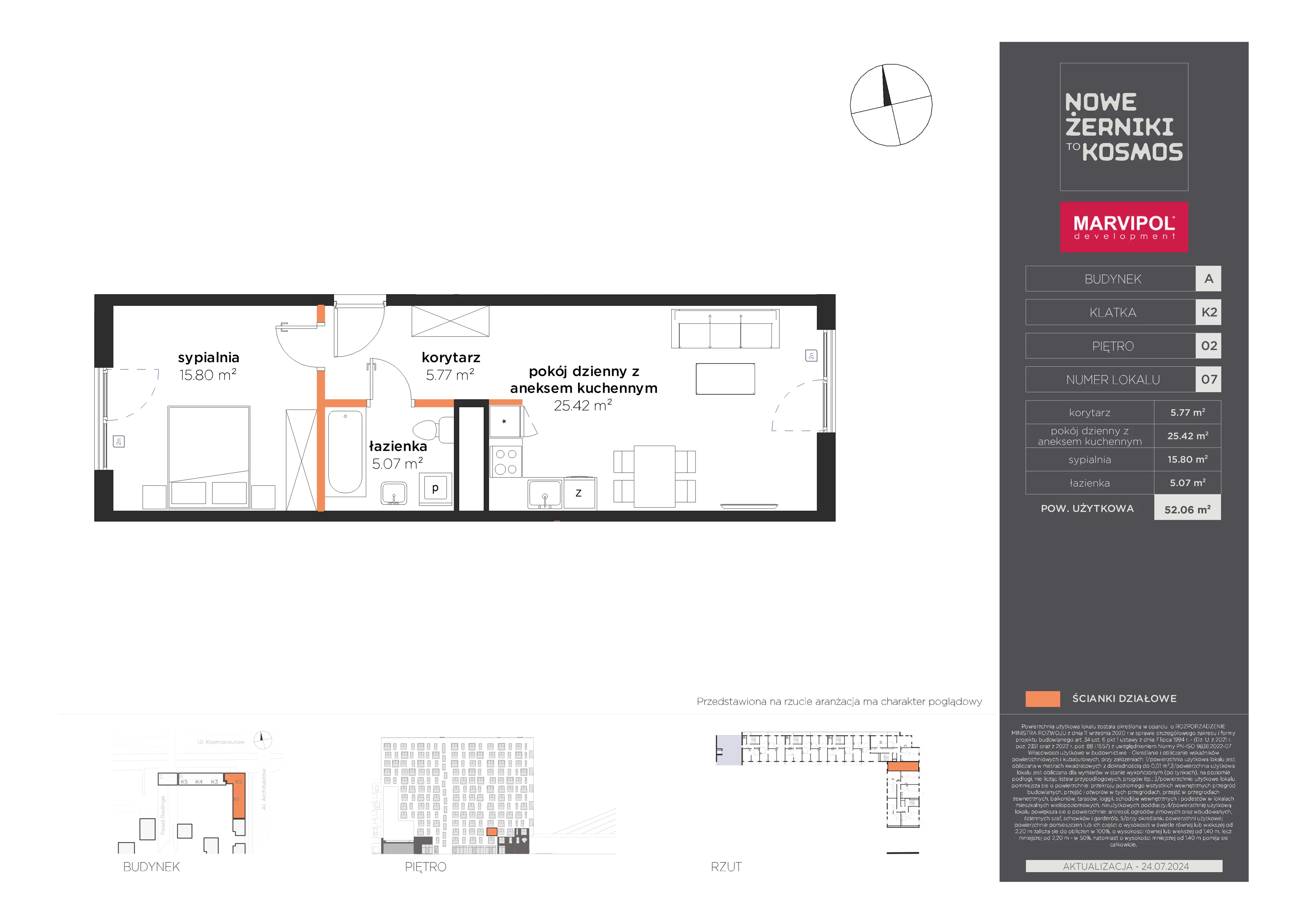 2 pokoje, mieszkanie 52,06 m², piętro 2, oferta nr A/A-02-07-K2, Nowe Żerniki to KOSMOS, Wrocław, Żerniki, ul. Kosmonautów / al. Architektów