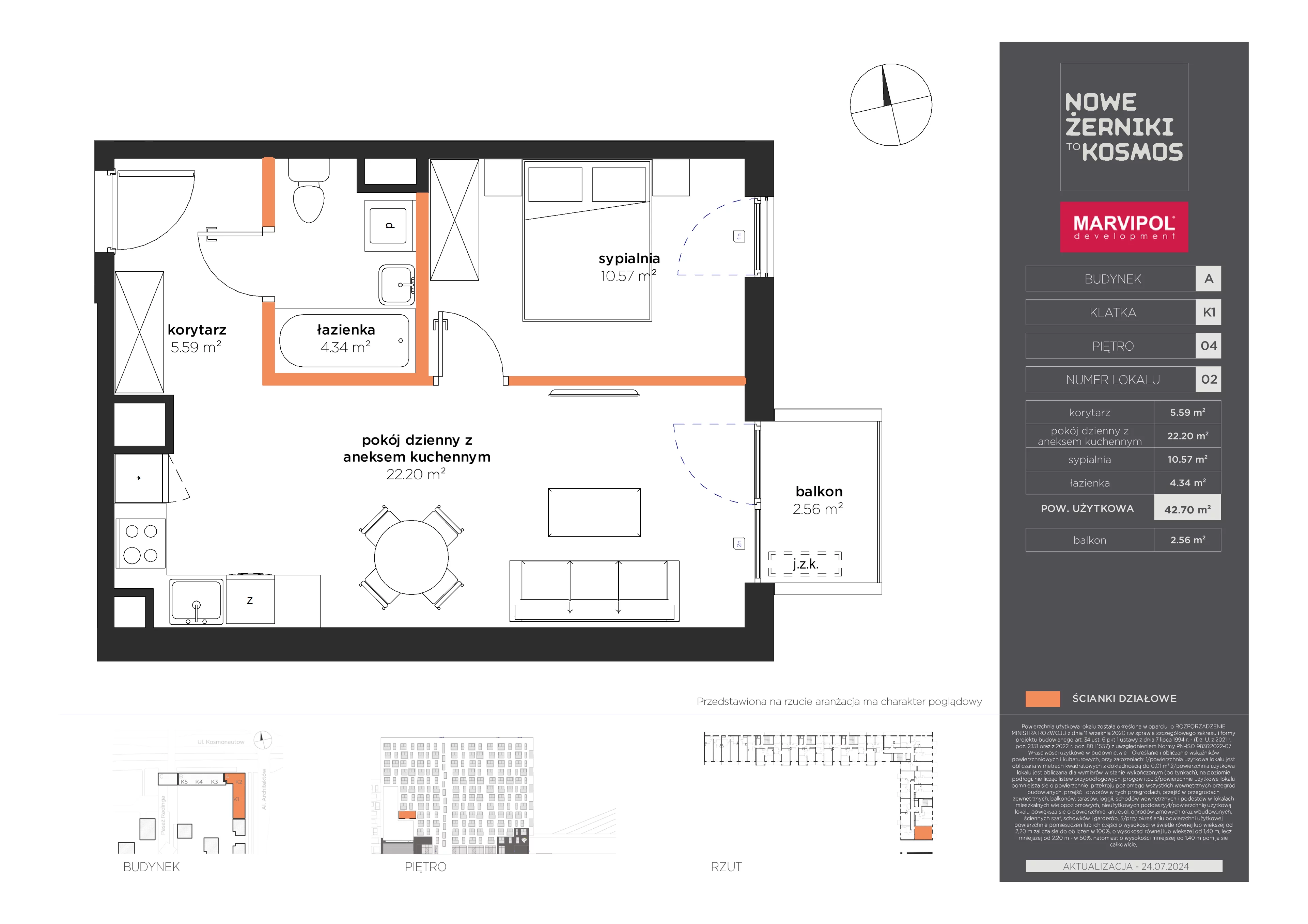 2 pokoje, mieszkanie 42,70 m², piętro 4, oferta nr A/A-04-02-K1, Nowe Żerniki to KOSMOS, Wrocław, Żerniki, ul. Kosmonautów / al. Architektów