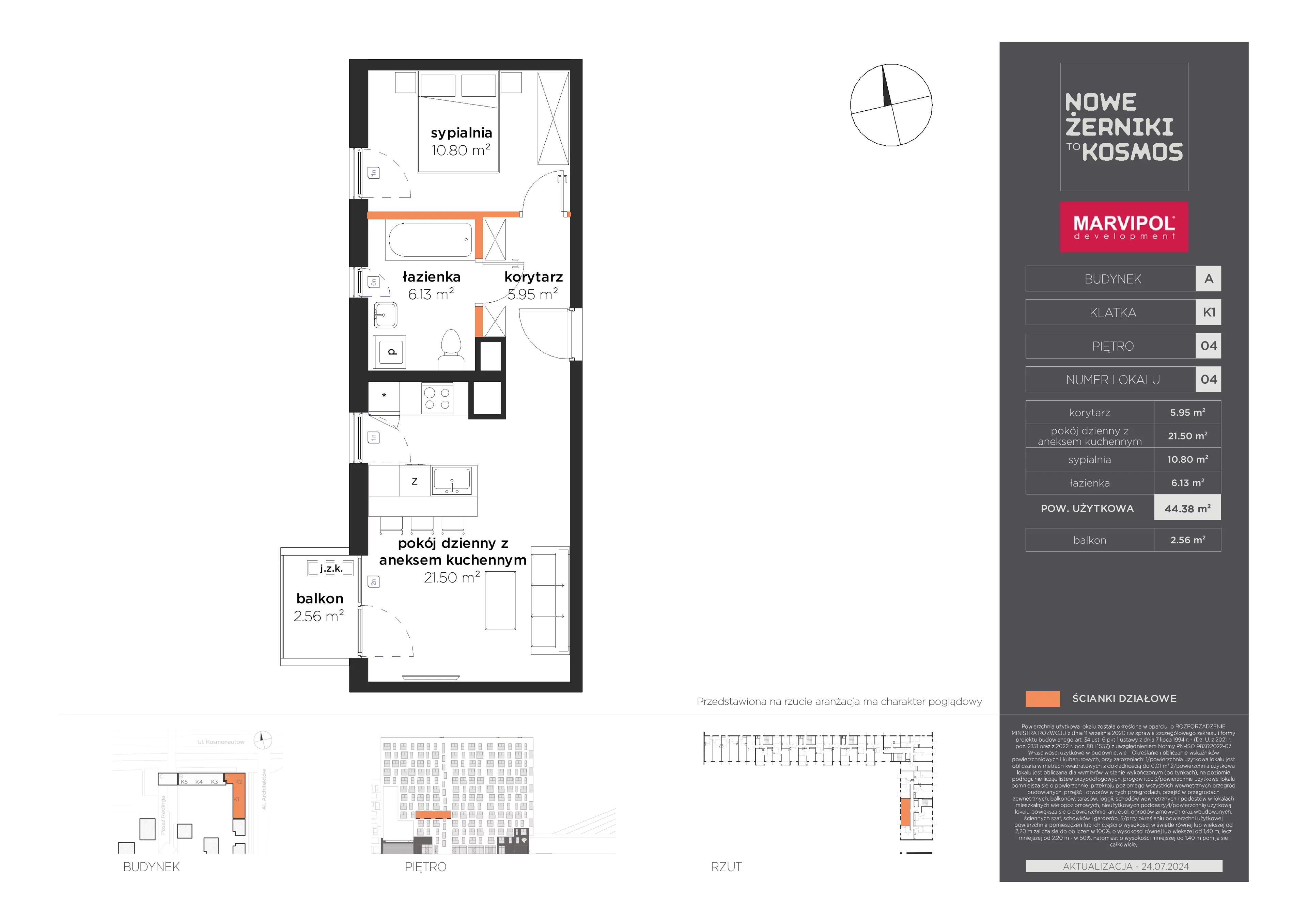 2 pokoje, mieszkanie 44,38 m², piętro 4, oferta nr A/A-04-04-K1, Nowe Żerniki to KOSMOS, Wrocław, Żerniki, ul. Kosmonautów / al. Architektów