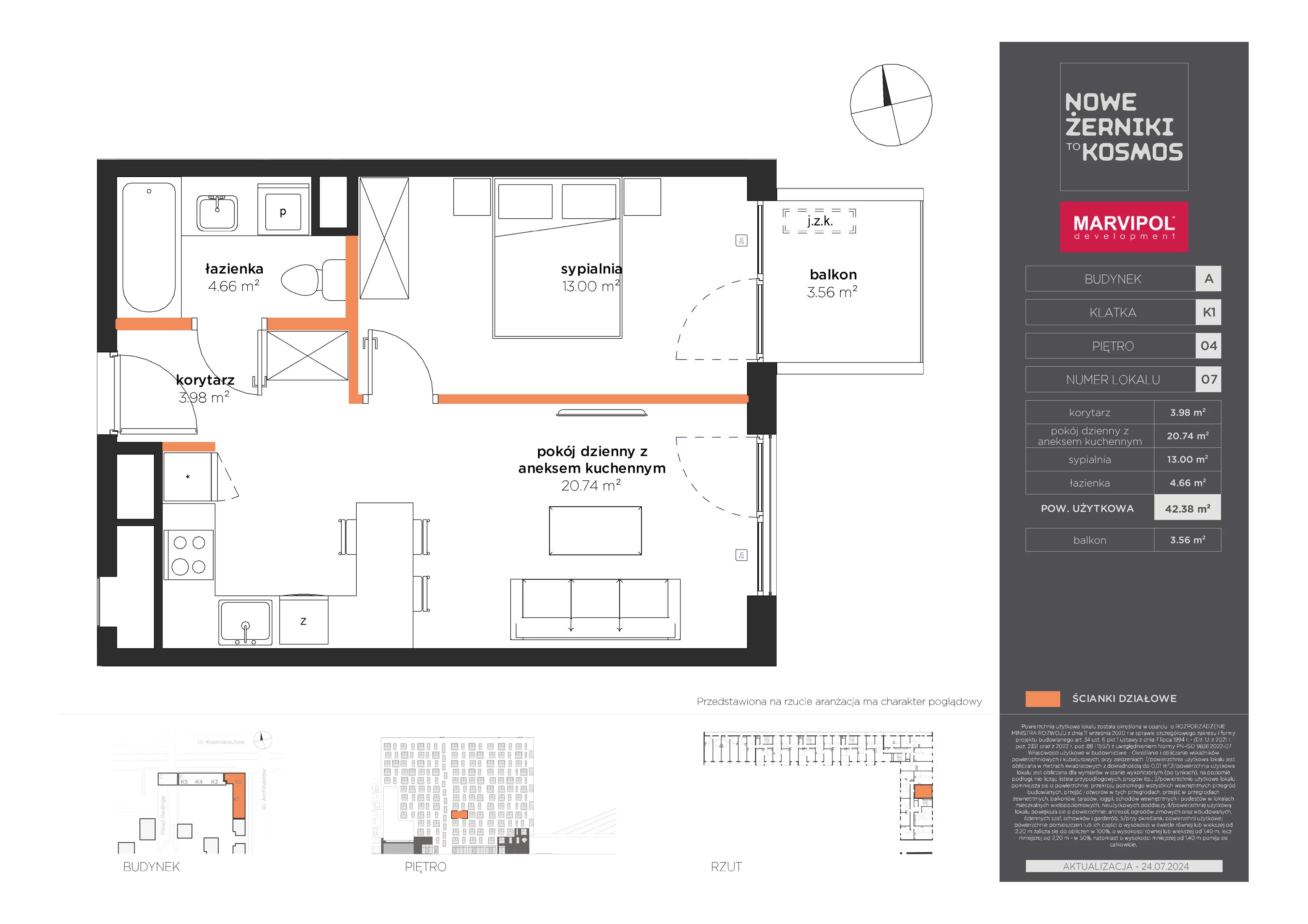 2 pokoje, mieszkanie 42,38 m², piętro 4, oferta nr A/A-04-07-K1, Nowe Żerniki to KOSMOS, Wrocław, Żerniki, ul. Kosmonautów / al. Architektów