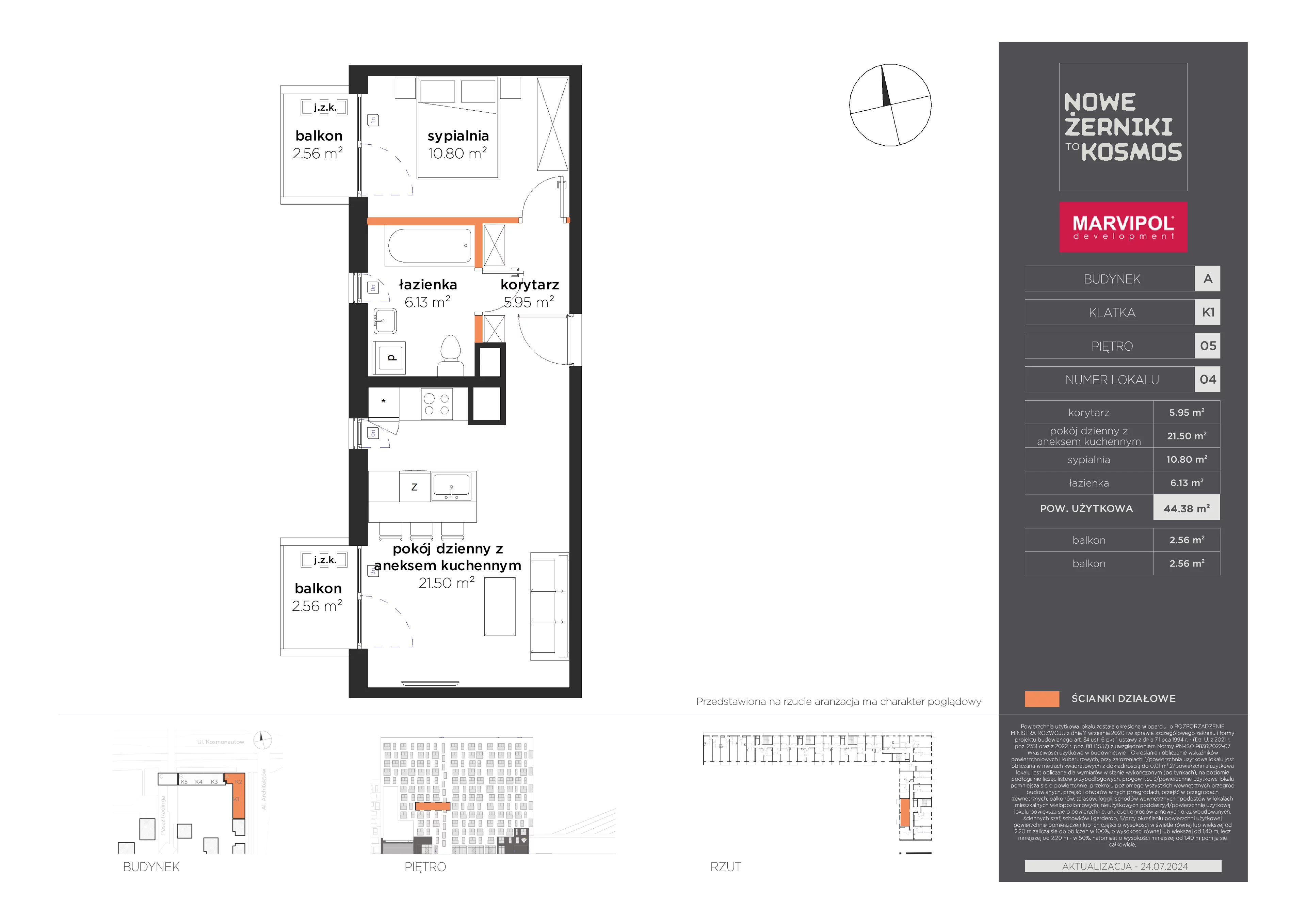 2 pokoje, mieszkanie 44,38 m², piętro 5, oferta nr A/A-05-04-K1, Nowe Żerniki to KOSMOS, Wrocław, Żerniki, ul. Kosmonautów / al. Architektów