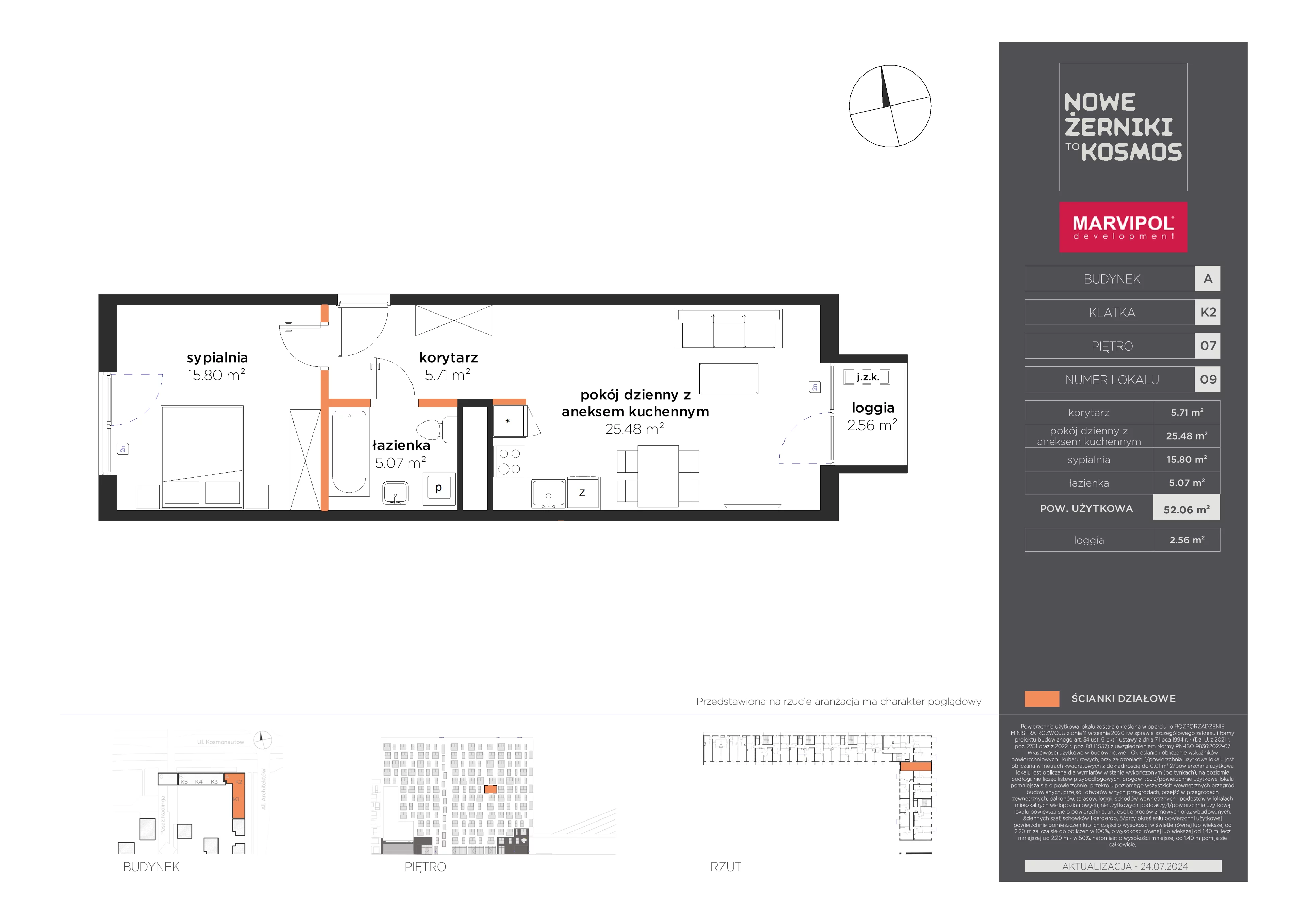 2 pokoje, mieszkanie 52,06 m², piętro 7, oferta nr A/A-07-09-K2, Nowe Żerniki to KOSMOS, Wrocław, Żerniki, ul. Kosmonautów / al. Architektów