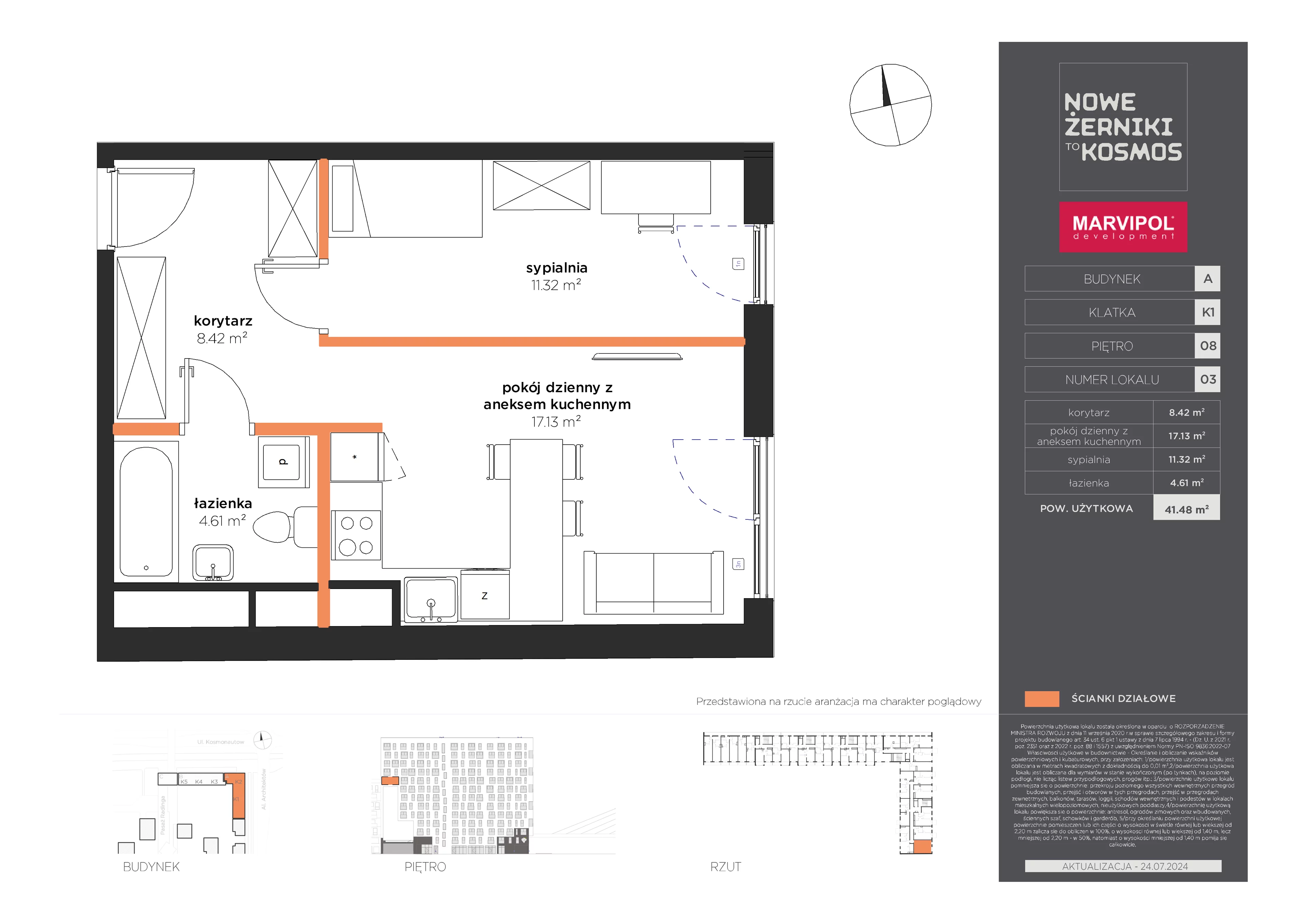 2 pokoje, mieszkanie 41,48 m², piętro 8, oferta nr A/A-08-03-K1, Nowe Żerniki to KOSMOS, Wrocław, Żerniki, ul. Kosmonautów / al. Architektów