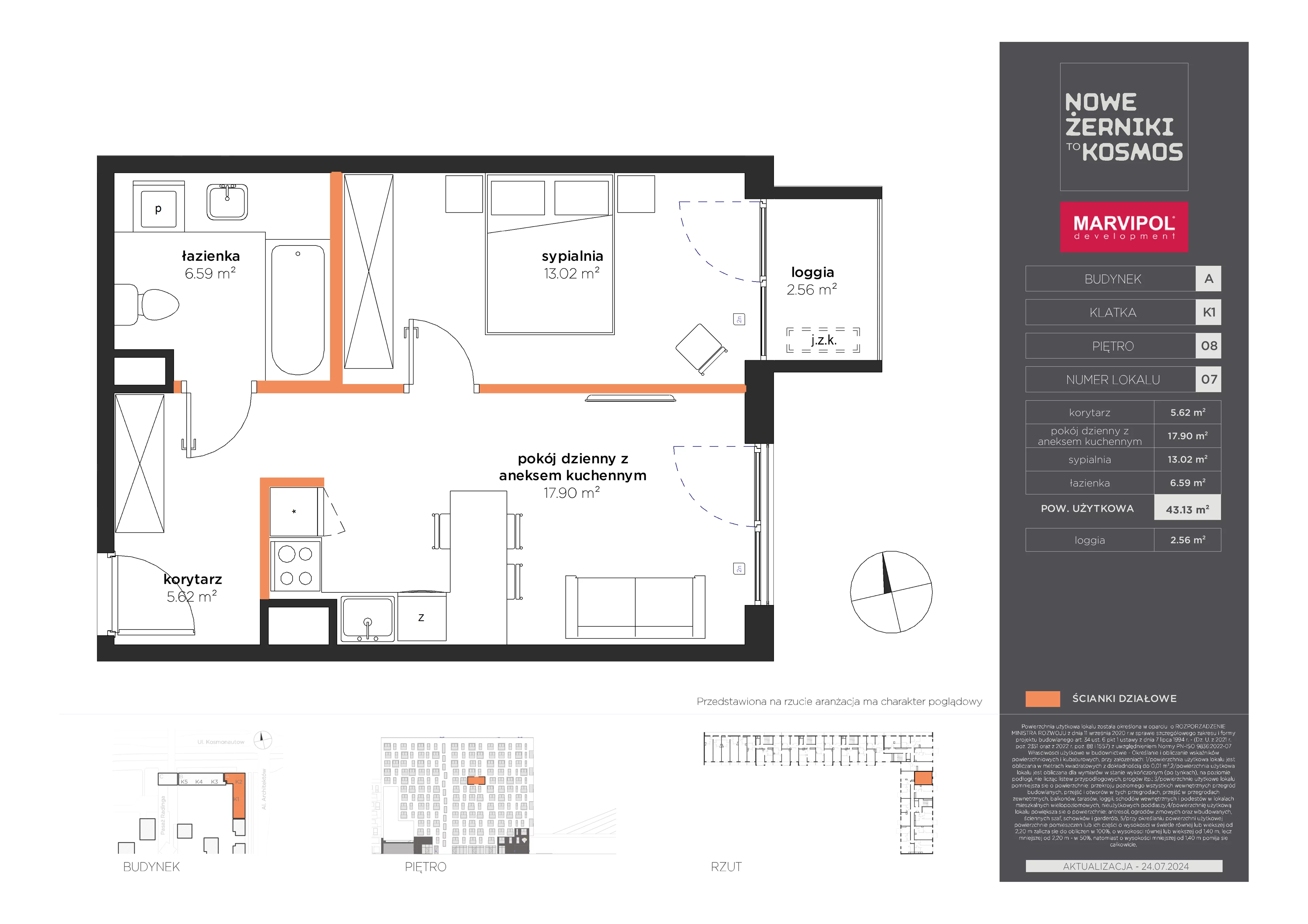 2 pokoje, mieszkanie 43,13 m², piętro 8, oferta nr A/A-08-07-K1, Nowe Żerniki to KOSMOS, Wrocław, Żerniki, ul. Kosmonautów / al. Architektów