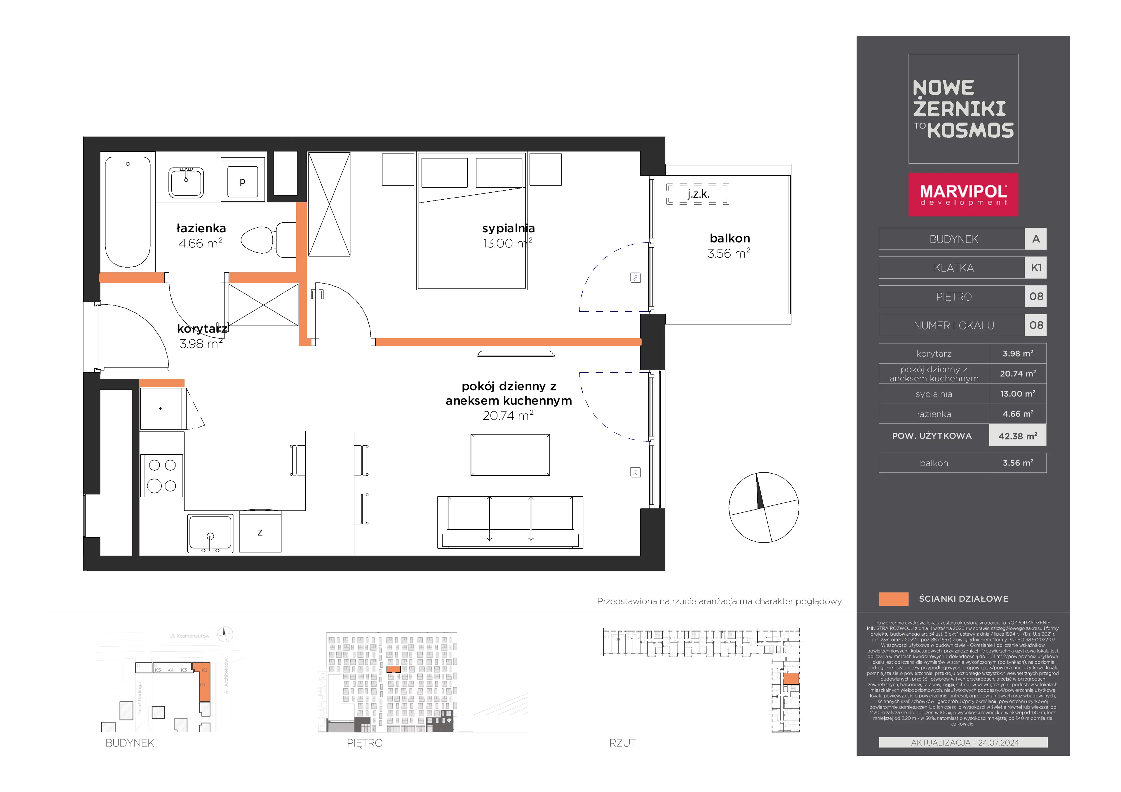 2 pokoje, mieszkanie 42,38 m², piętro 8, oferta nr A/A-08-08-K1, Nowe Żerniki to KOSMOS, Wrocław, Żerniki, ul. Kosmonautów / al. Architektów