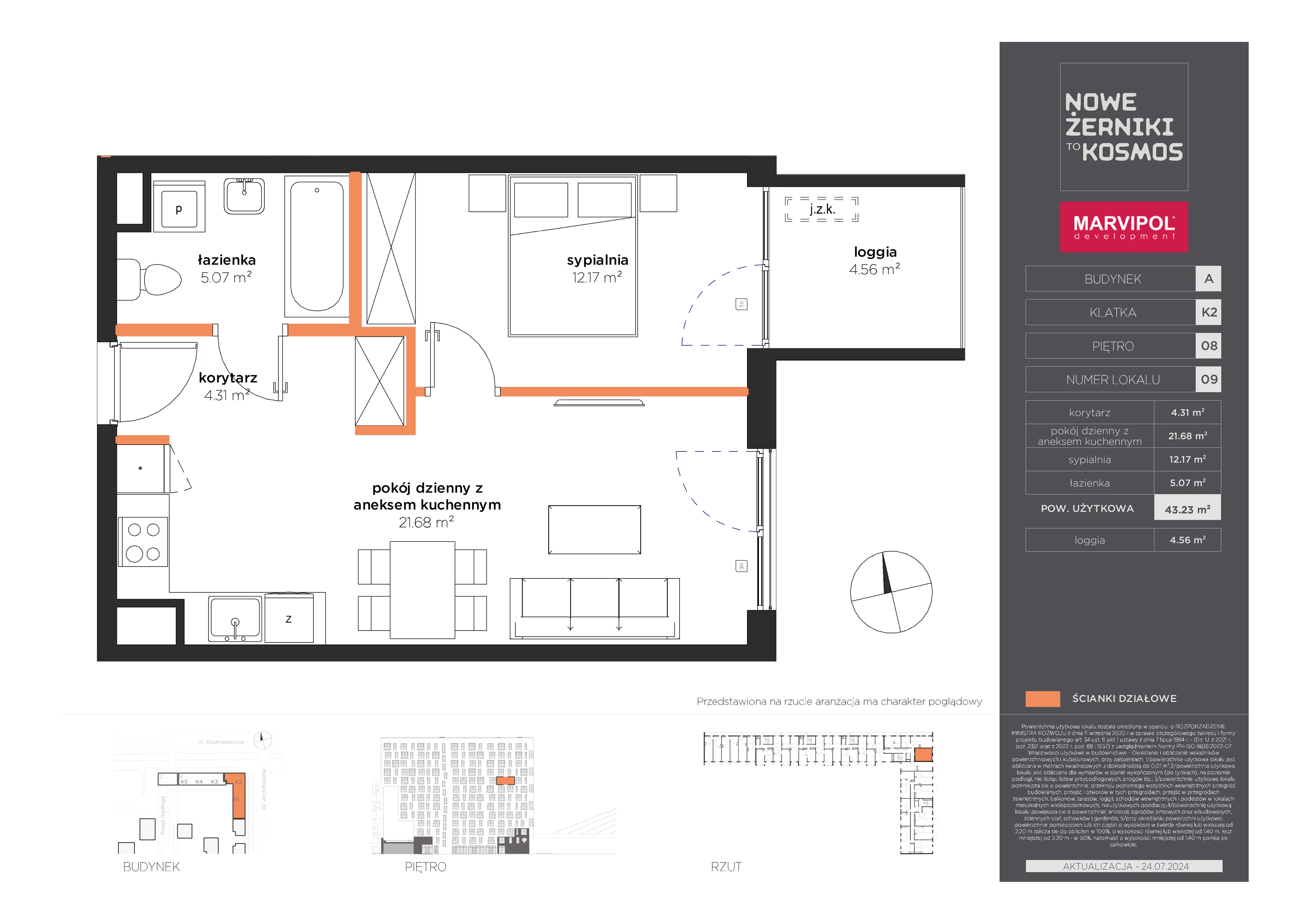 2 pokoje, mieszkanie 43,23 m², piętro 8, oferta nr A/A-08-09-K2, Nowe Żerniki to KOSMOS, Wrocław, Żerniki, ul. Kosmonautów / al. Architektów