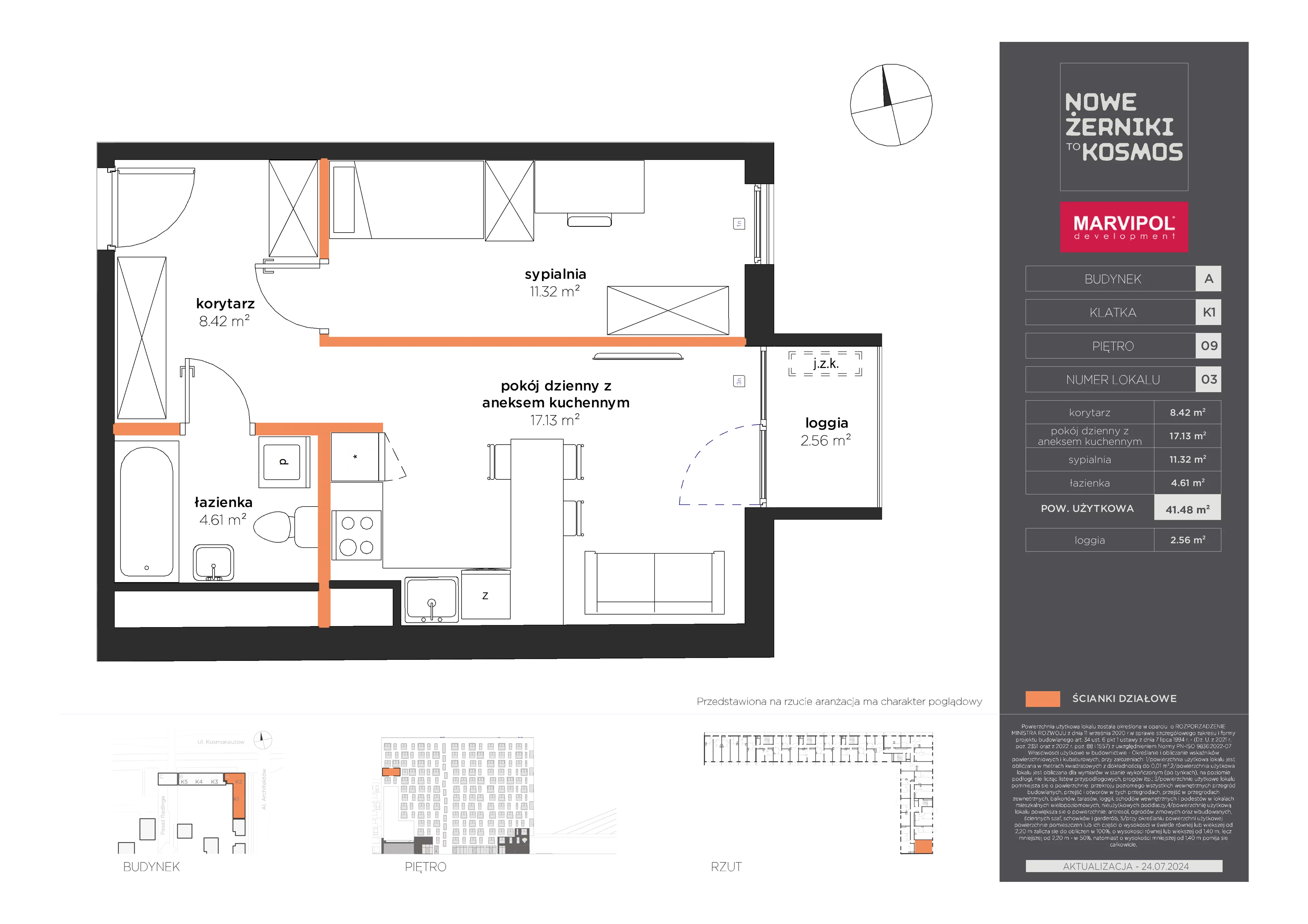 2 pokoje, mieszkanie 41,48 m², piętro 9, oferta nr A/A-09-03-K1, Nowe Żerniki to KOSMOS, Wrocław, Żerniki, ul. Kosmonautów / al. Architektów