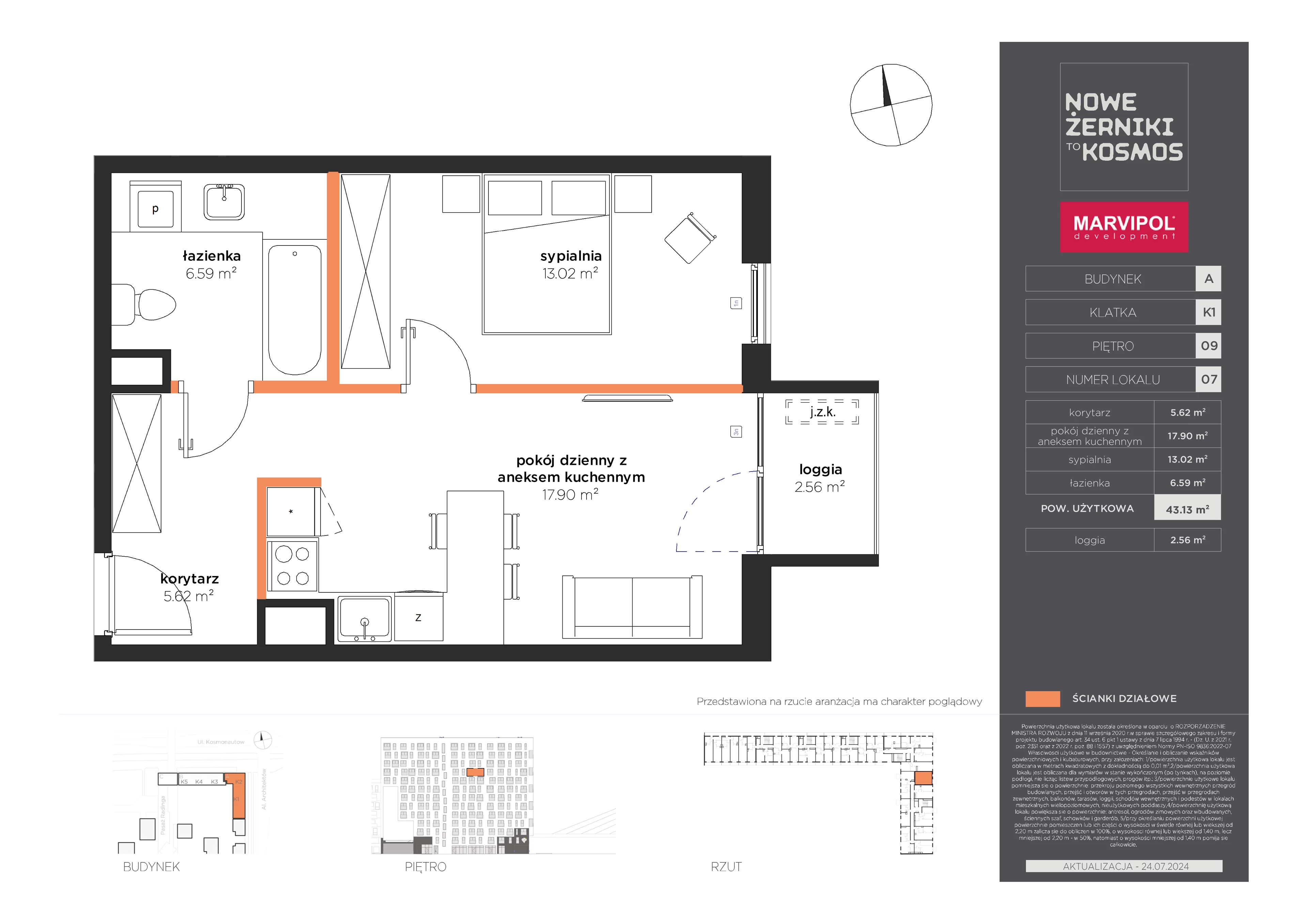 2 pokoje, mieszkanie 43,13 m², piętro 9, oferta nr A/A-09-07-K1, Nowe Żerniki to KOSMOS, Wrocław, Żerniki, ul. Kosmonautów / al. Architektów