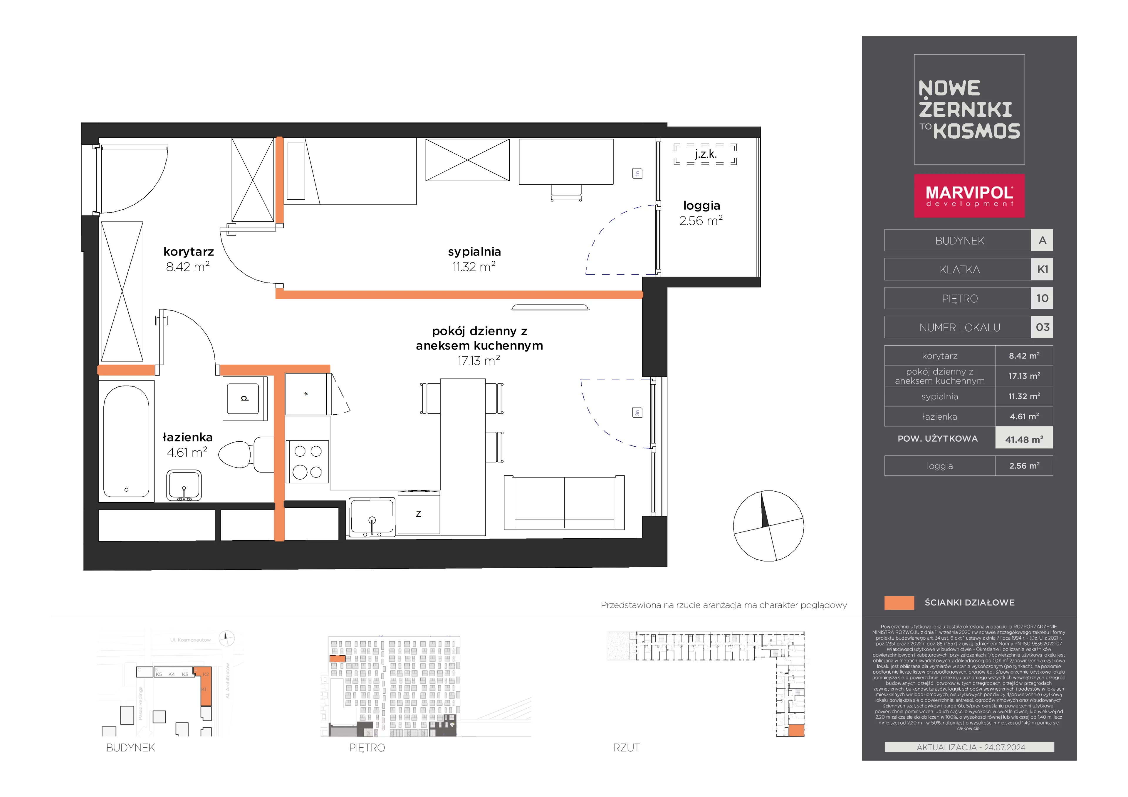 2 pokoje, mieszkanie 41,48 m², piętro 10, oferta nr A/A-10-03-K1, Nowe Żerniki to KOSMOS, Wrocław, Żerniki, ul. Kosmonautów / al. Architektów