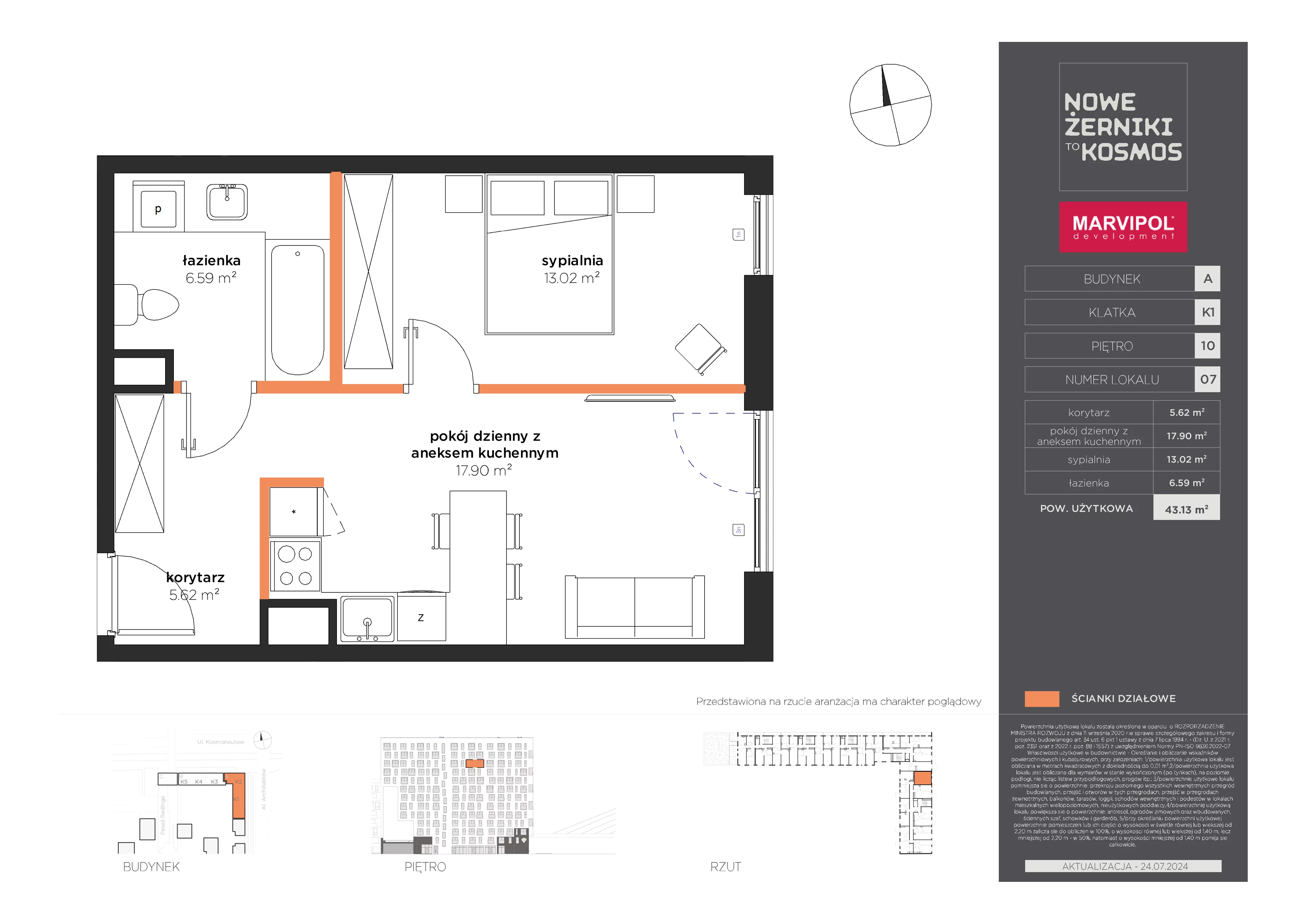 2 pokoje, mieszkanie 43,13 m², piętro 10, oferta nr A/A-10-07-K1, Nowe Żerniki to KOSMOS, Wrocław, Żerniki, ul. Kosmonautów / al. Architektów