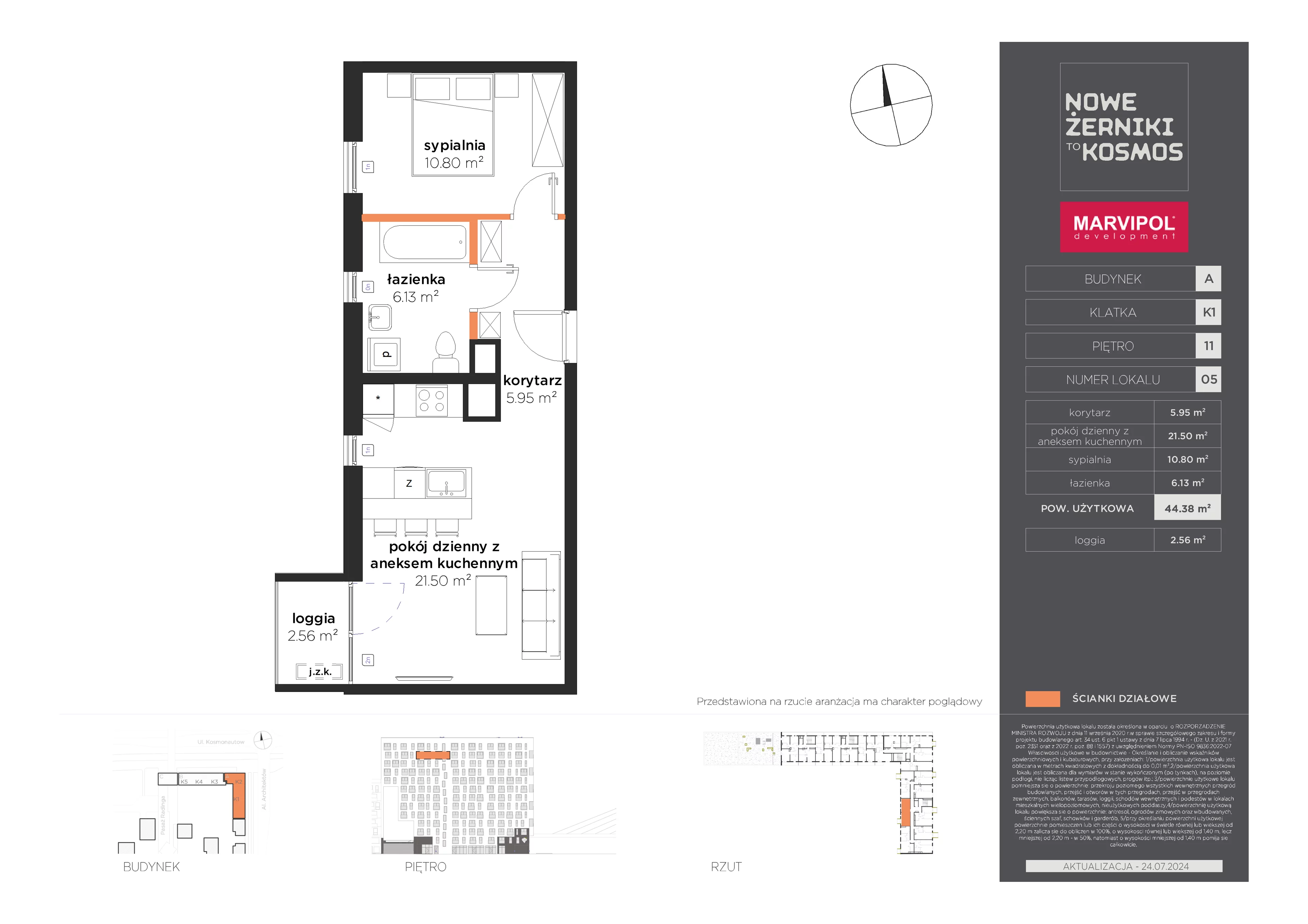 2 pokoje, mieszkanie 44,38 m², piętro 11, oferta nr A/A-11-05-K1, Nowe Żerniki to KOSMOS, Wrocław, Żerniki, ul. Kosmonautów / al. Architektów