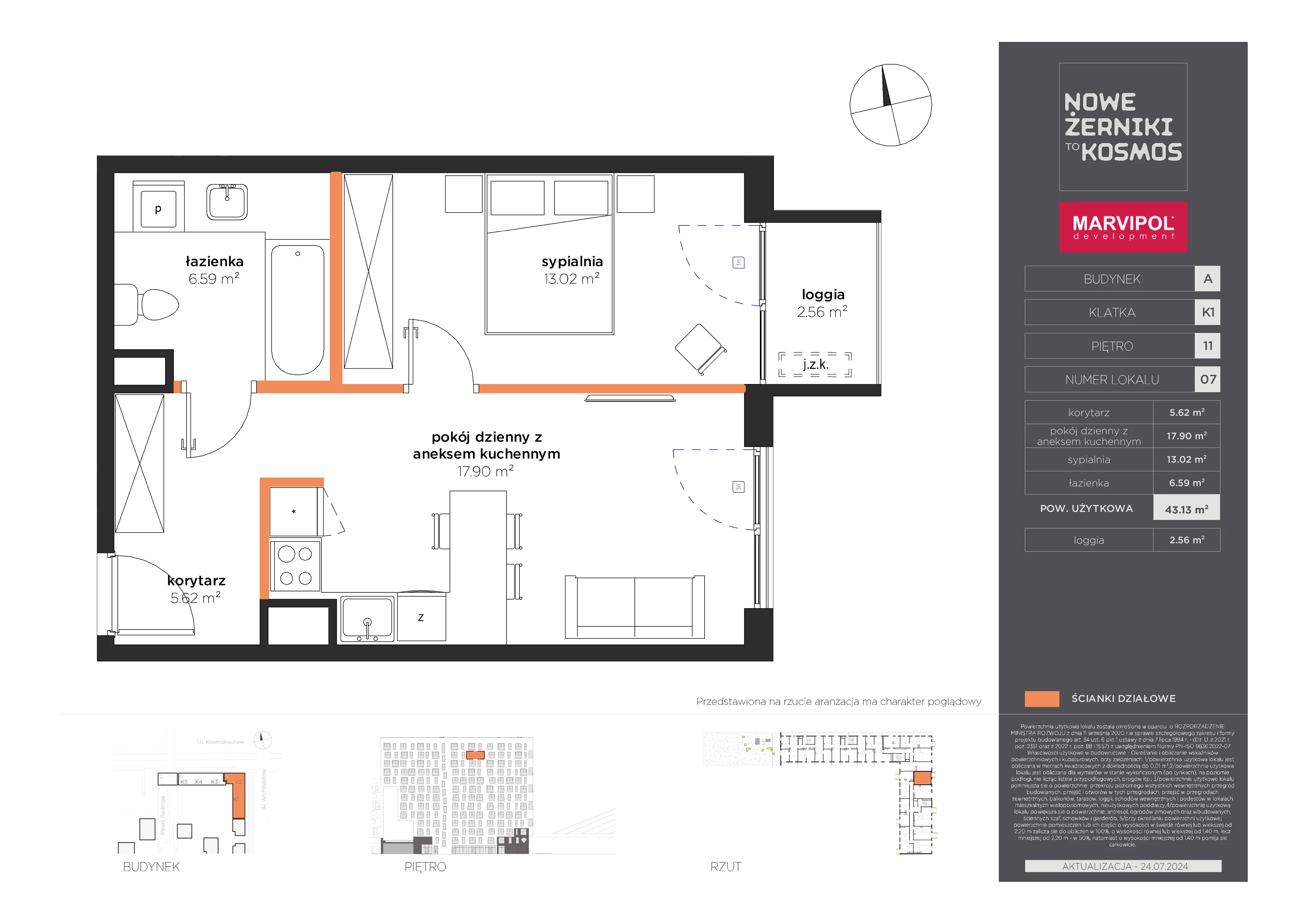 2 pokoje, mieszkanie 43,13 m², piętro 11, oferta nr A/A-11-07-K1, Nowe Żerniki to KOSMOS, Wrocław, Żerniki, ul. Kosmonautów / al. Architektów