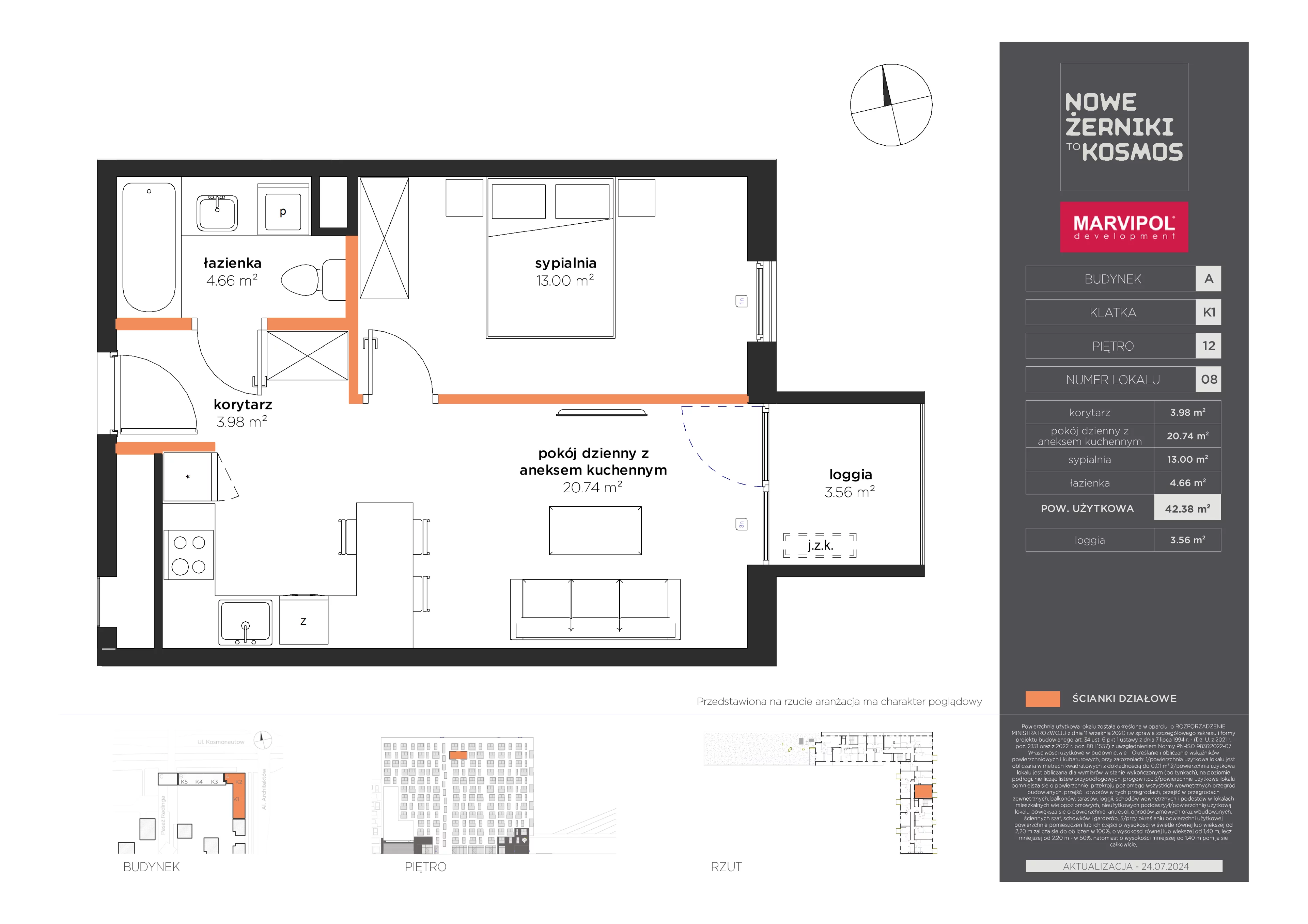 2 pokoje, mieszkanie 42,38 m², piętro 12, oferta nr A/A-12-08-K1, Nowe Żerniki to KOSMOS, Wrocław, Żerniki, ul. Kosmonautów / al. Architektów