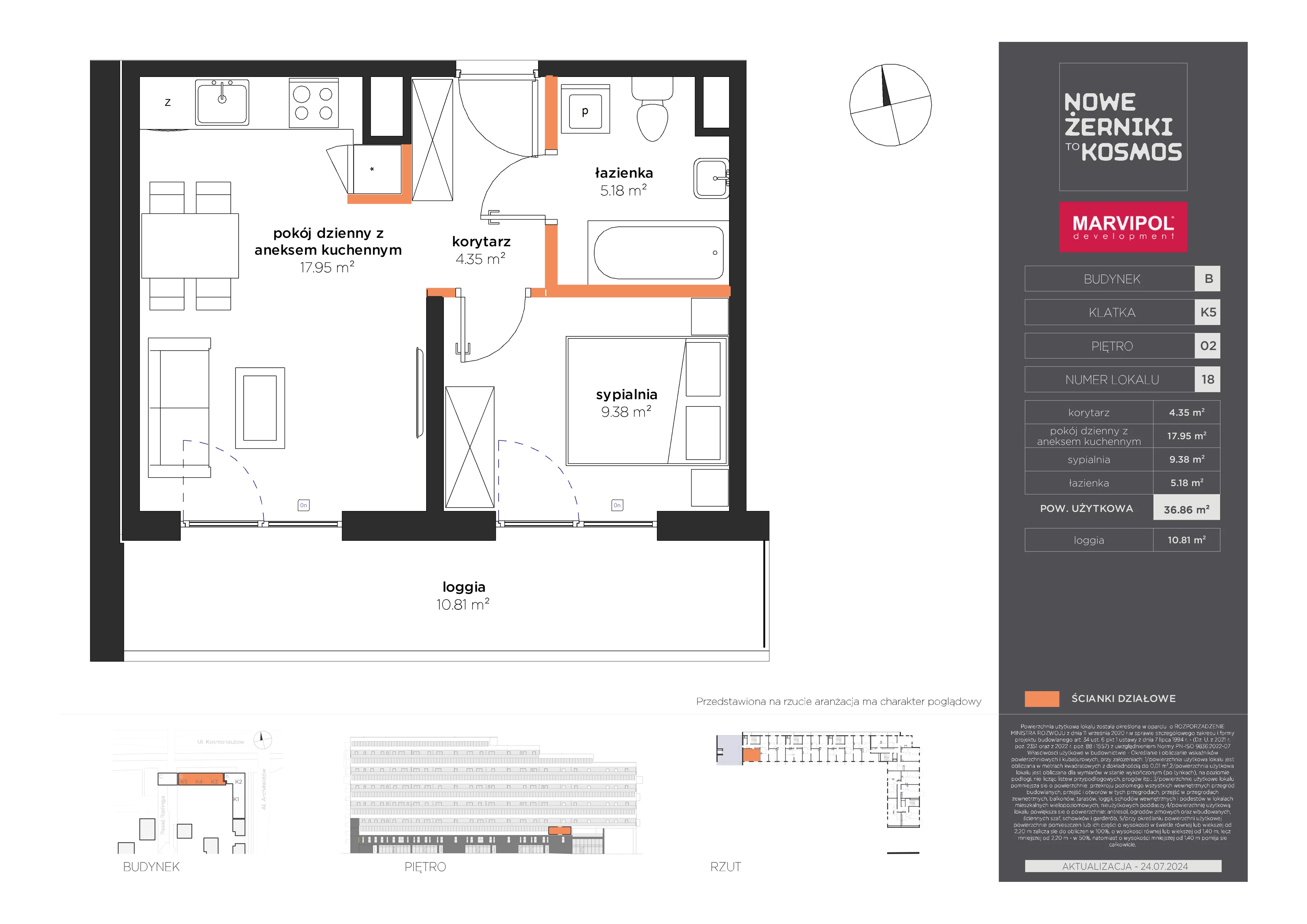 2 pokoje, mieszkanie 36,86 m², piętro 2, oferta nr B/B-02-18-K5, Nowe Żerniki to KOSMOS, Wrocław, Żerniki, ul. Kosmonautów / al. Architektów