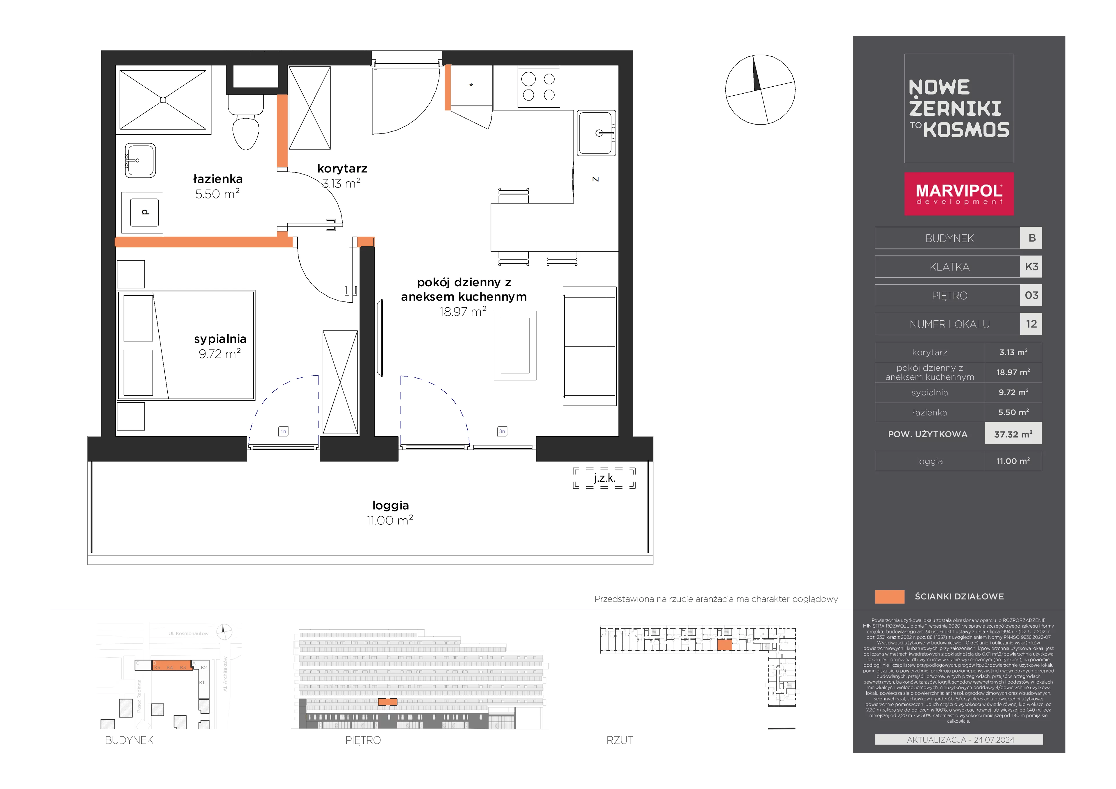 2 pokoje, mieszkanie 37,32 m², piętro 3, oferta nr B/B-03-12-K3, Nowe Żerniki to KOSMOS, Wrocław, Żerniki, ul. Kosmonautów / al. Architektów