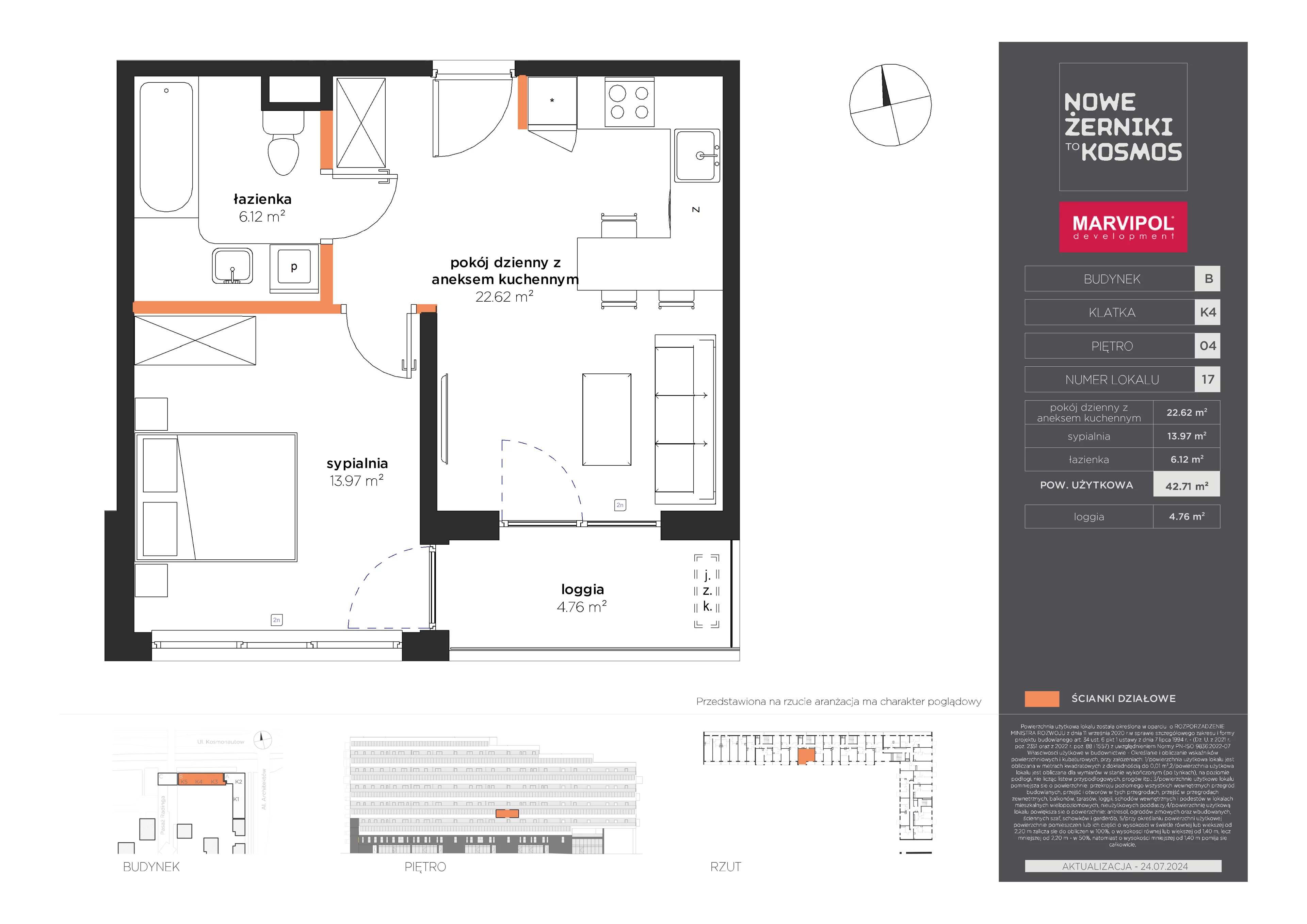 2 pokoje, mieszkanie 42,71 m², piętro 4, oferta nr B/B-04-17-K4, Nowe Żerniki to KOSMOS, Wrocław, Żerniki, ul. Kosmonautów / al. Architektów