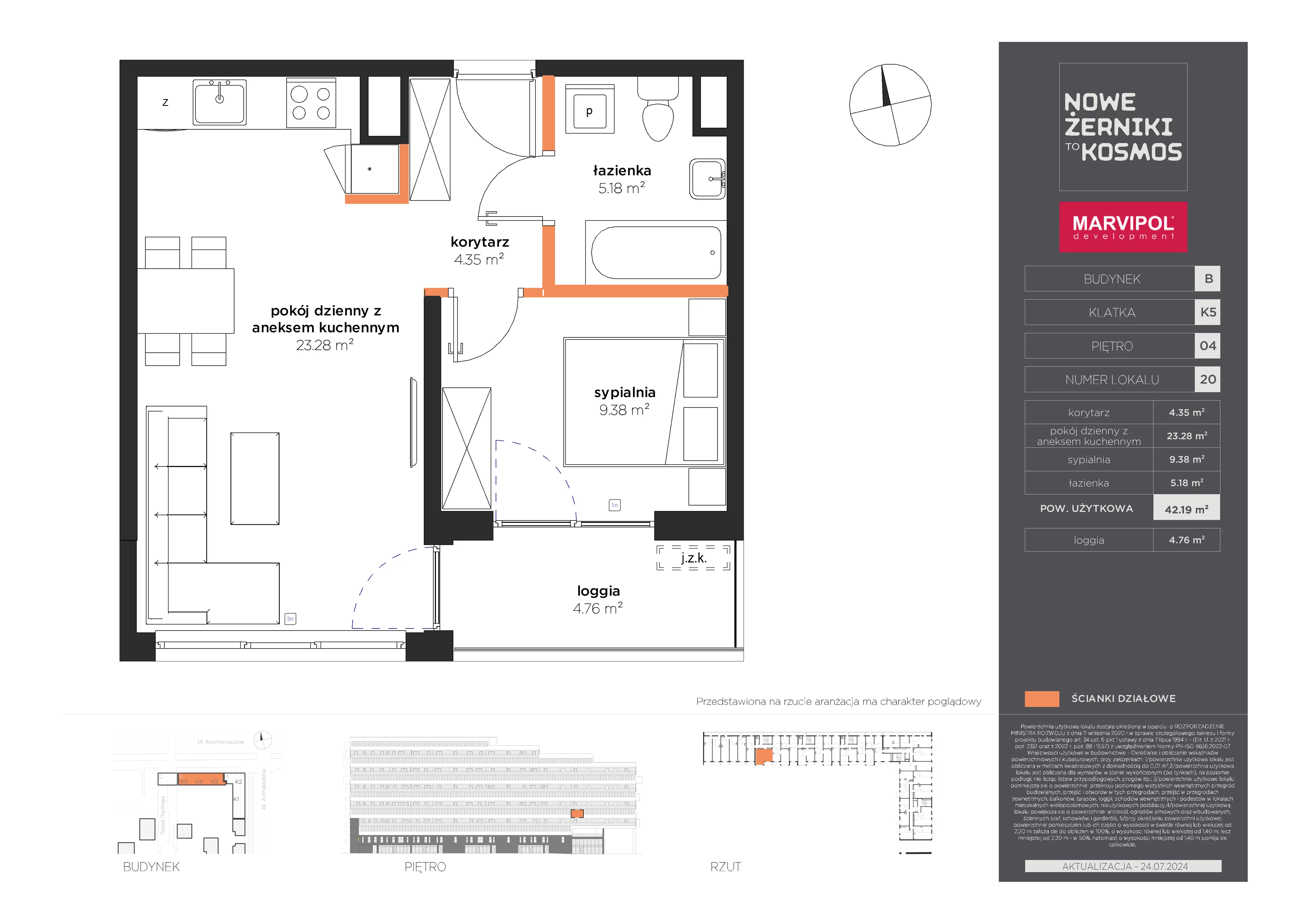 2 pokoje, mieszkanie 42,19 m², piętro 4, oferta nr B/B-04-20-K5, Nowe Żerniki to KOSMOS, Wrocław, Żerniki, ul. Kosmonautów / al. Architektów