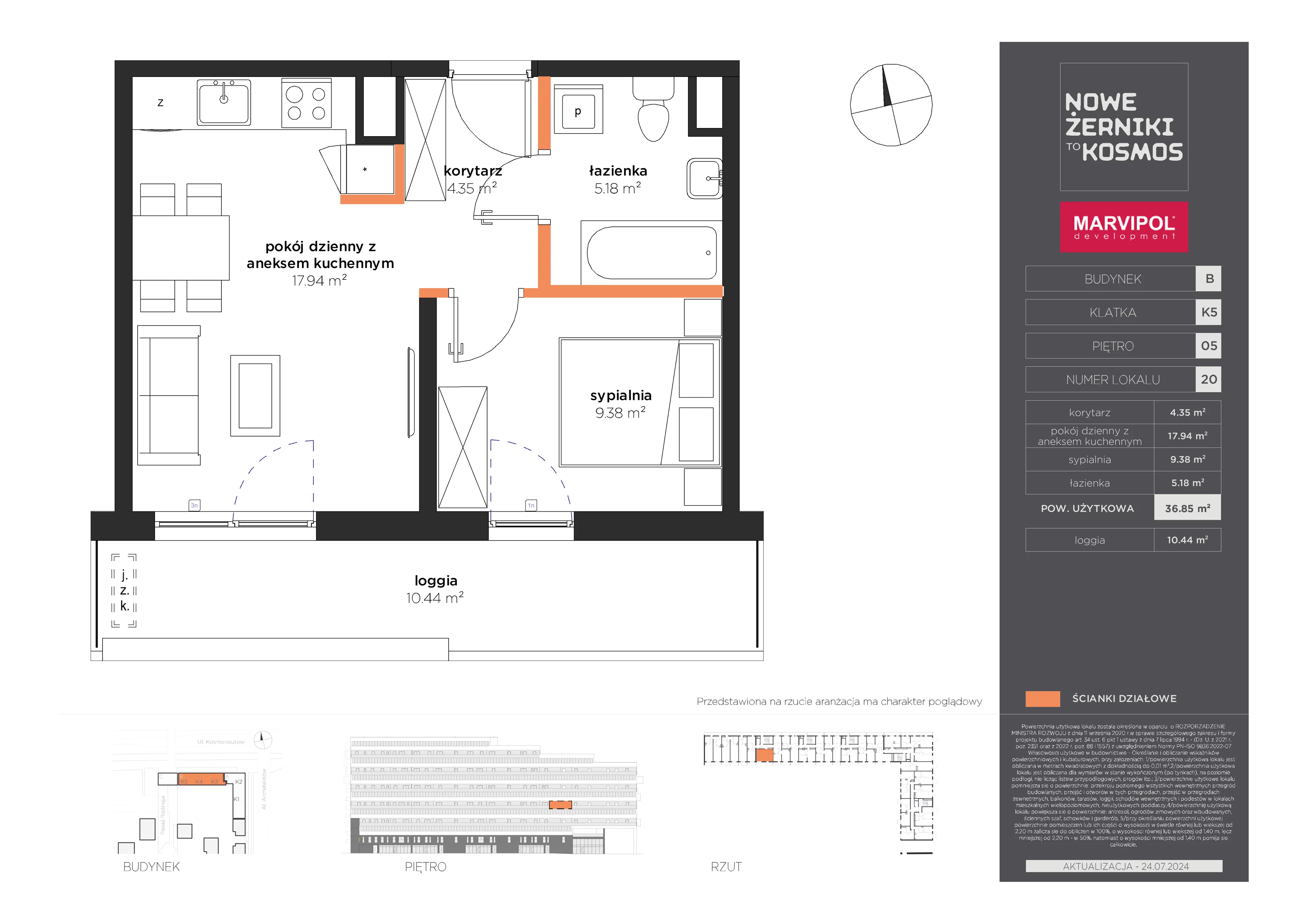 2 pokoje, mieszkanie 36,85 m², piętro 5, oferta nr B/B-05-20-K5, Nowe Żerniki to KOSMOS, Wrocław, Żerniki, ul. Kosmonautów / al. Architektów