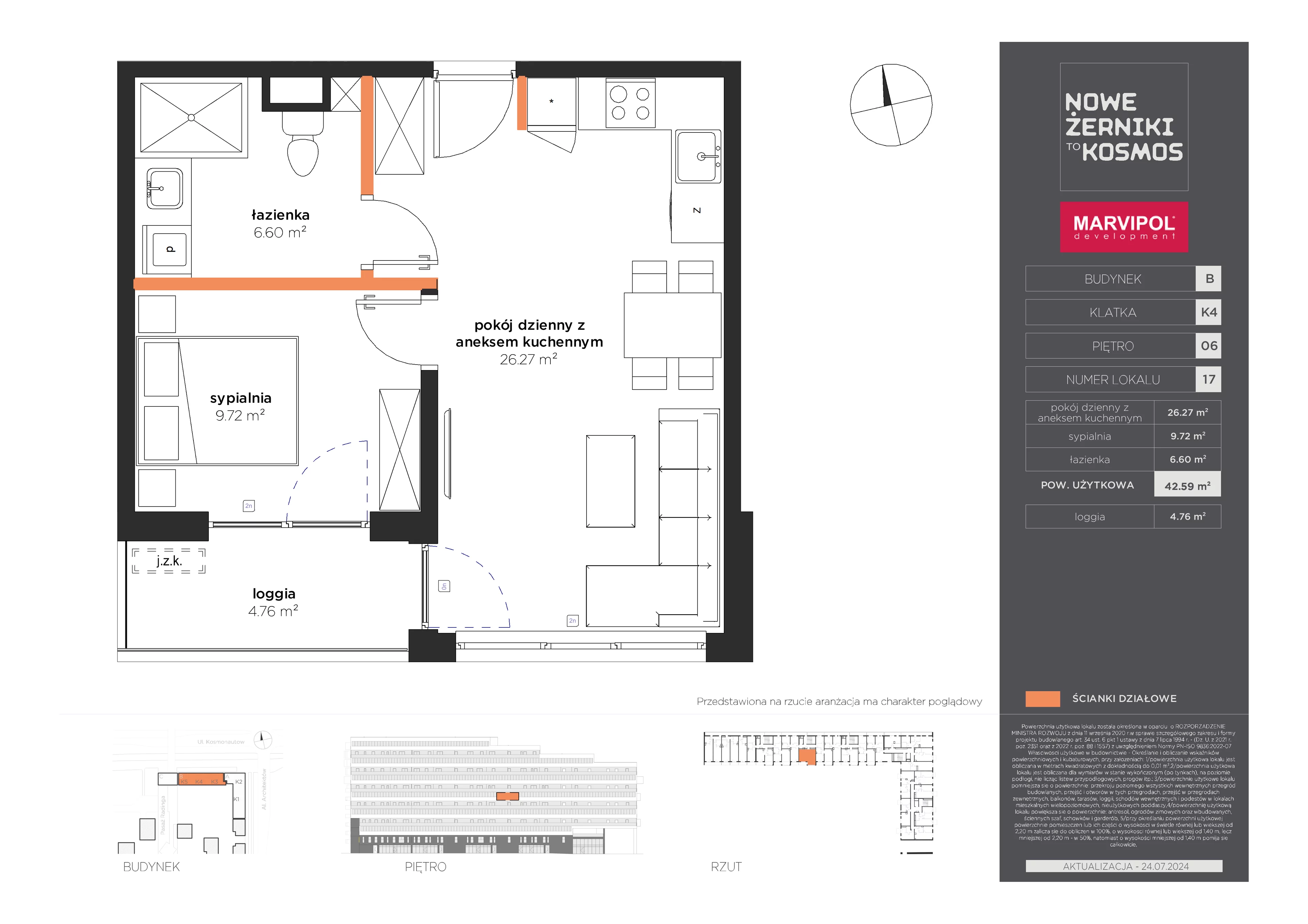 2 pokoje, mieszkanie 42,59 m², piętro 6, oferta nr B/B-06-17-K4, Nowe Żerniki to KOSMOS, Wrocław, Żerniki, ul. Kosmonautów / al. Architektów