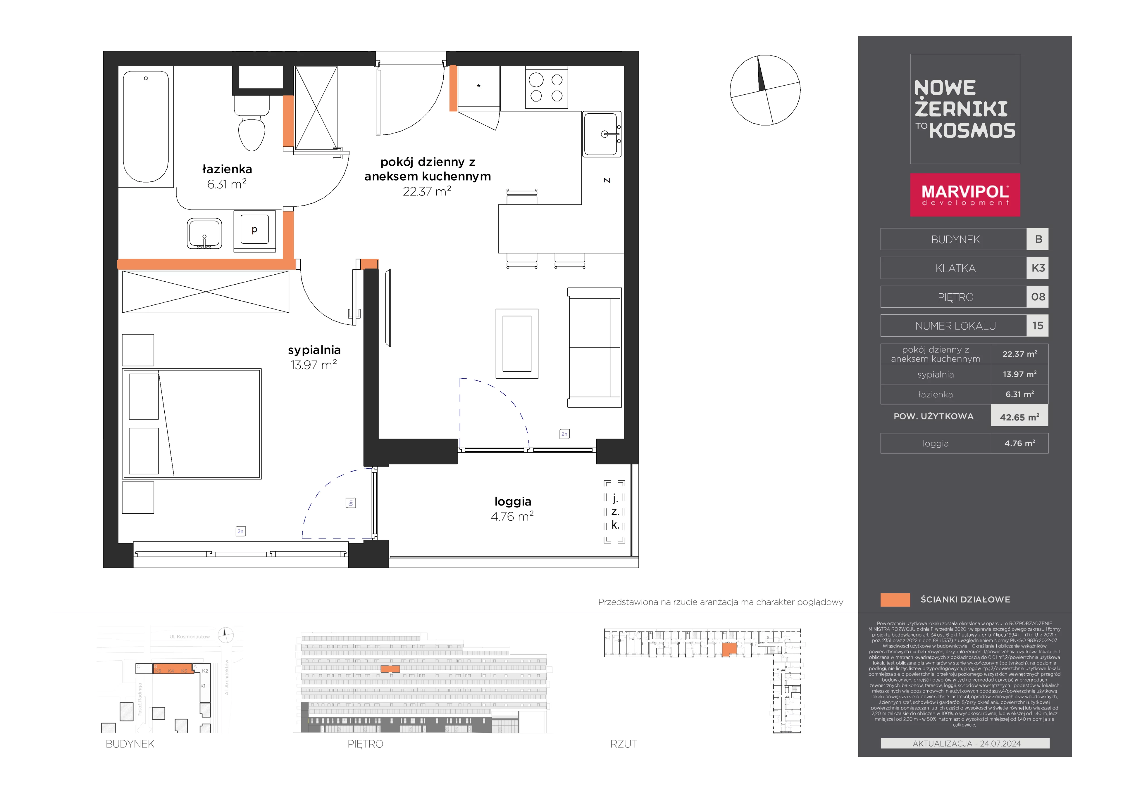 2 pokoje, mieszkanie 42,65 m², piętro 8, oferta nr B/B-08-15-K3, Nowe Żerniki to KOSMOS, Wrocław, Żerniki, ul. Kosmonautów / al. Architektów