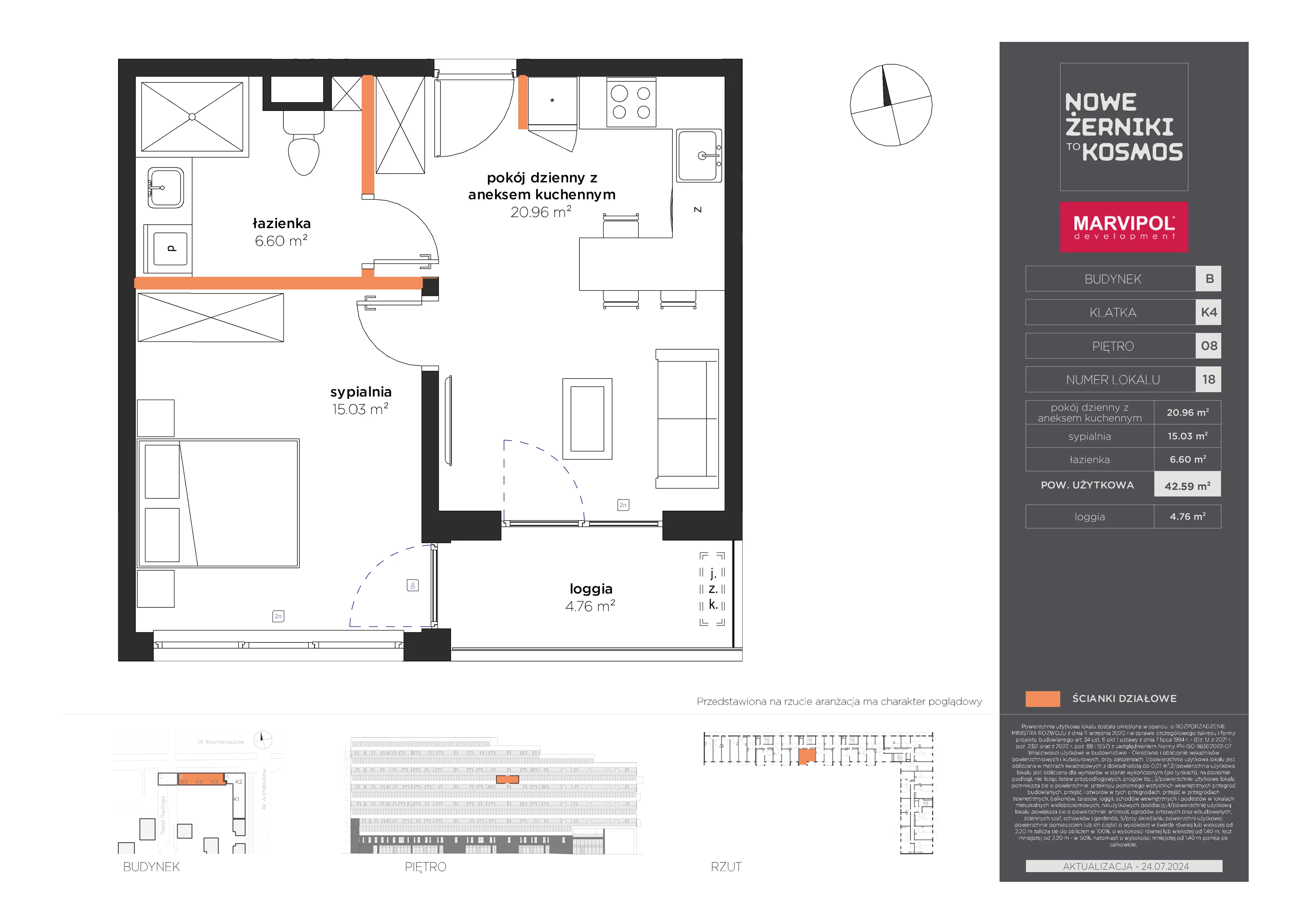 2 pokoje, mieszkanie 42,59 m², piętro 8, oferta nr B/B-08-18-K4, Nowe Żerniki to KOSMOS, Wrocław, Żerniki, ul. Kosmonautów / al. Architektów