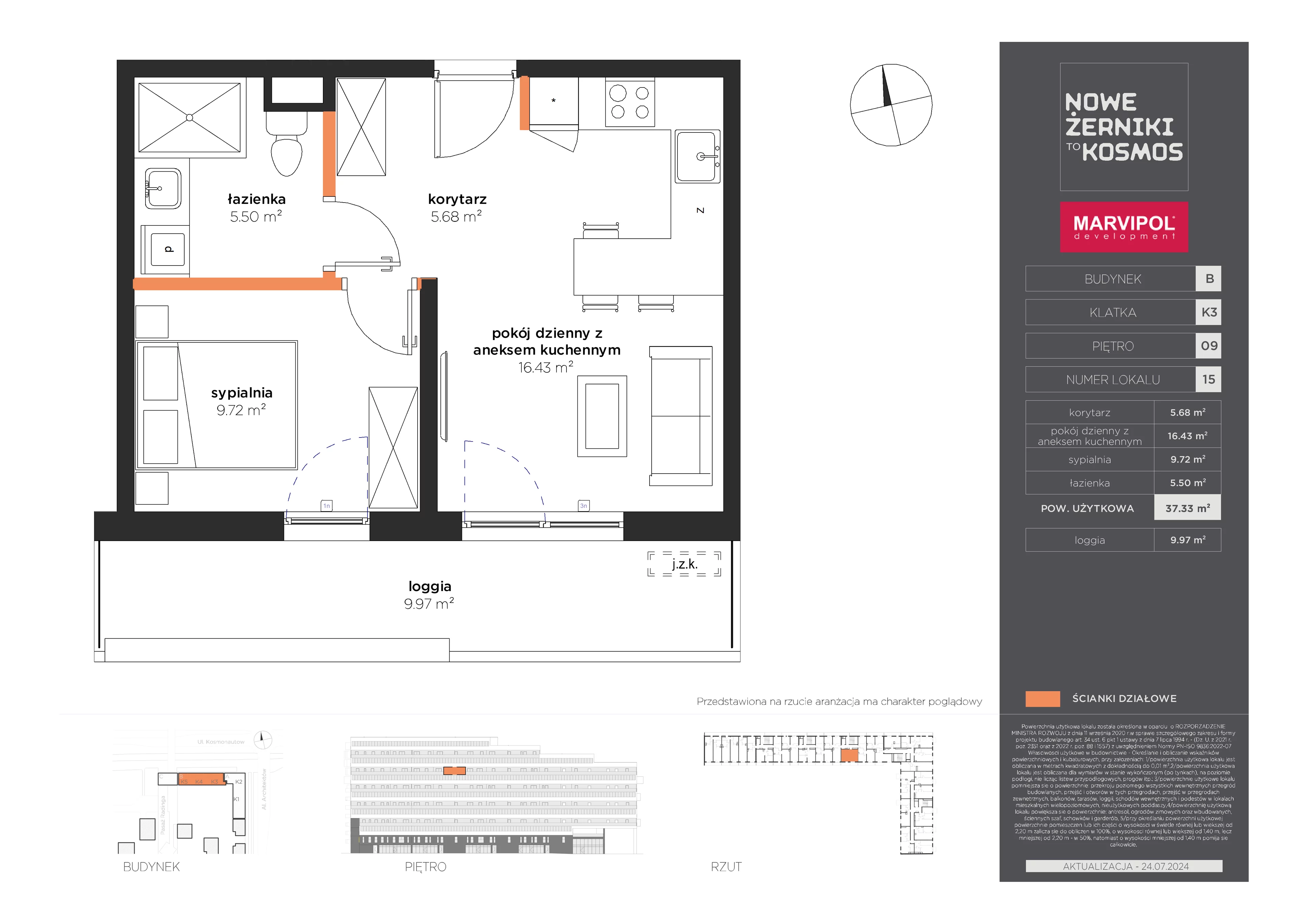 2 pokoje, mieszkanie 37,33 m², piętro 9, oferta nr B/B-09-15-K3, Nowe Żerniki to KOSMOS, Wrocław, Żerniki, ul. Kosmonautów / al. Architektów