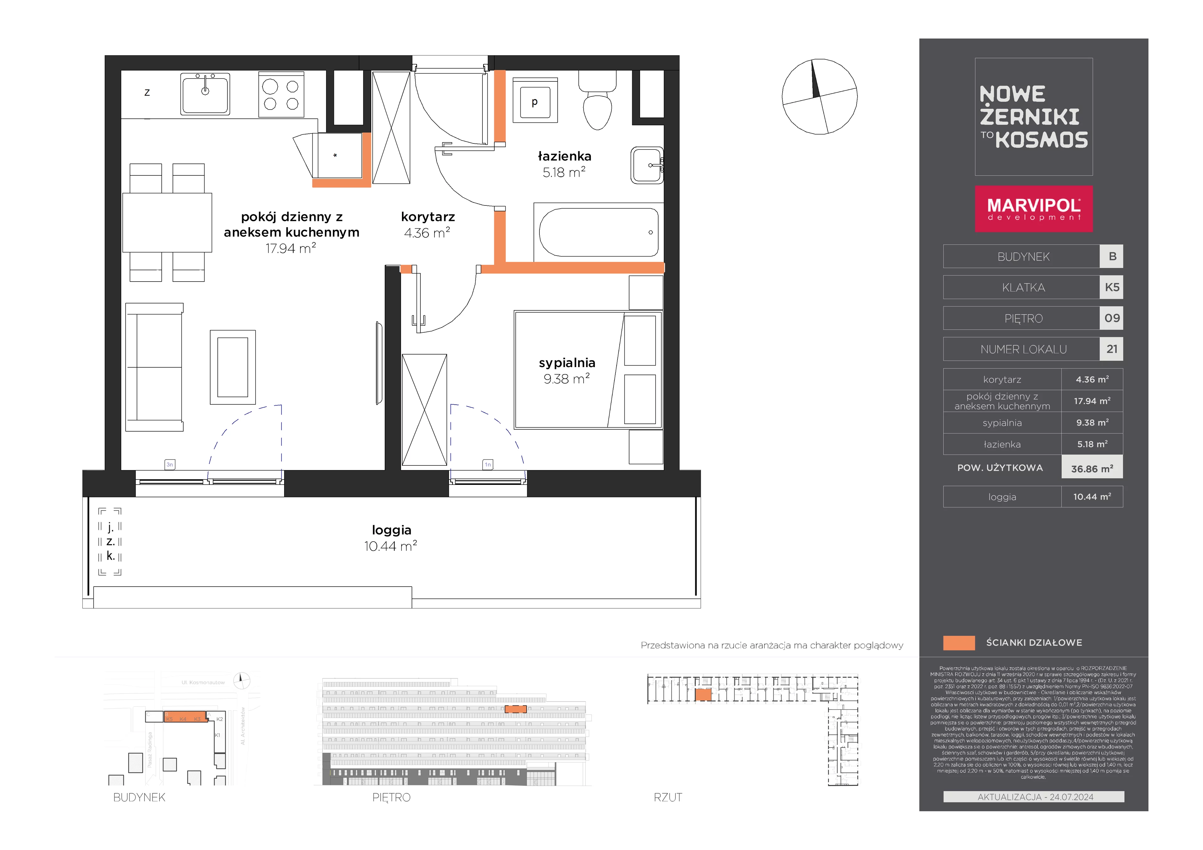 2 pokoje, mieszkanie 36,86 m², piętro 9, oferta nr B/B-09-21-K5, Nowe Żerniki to KOSMOS, Wrocław, Żerniki, ul. Kosmonautów / al. Architektów