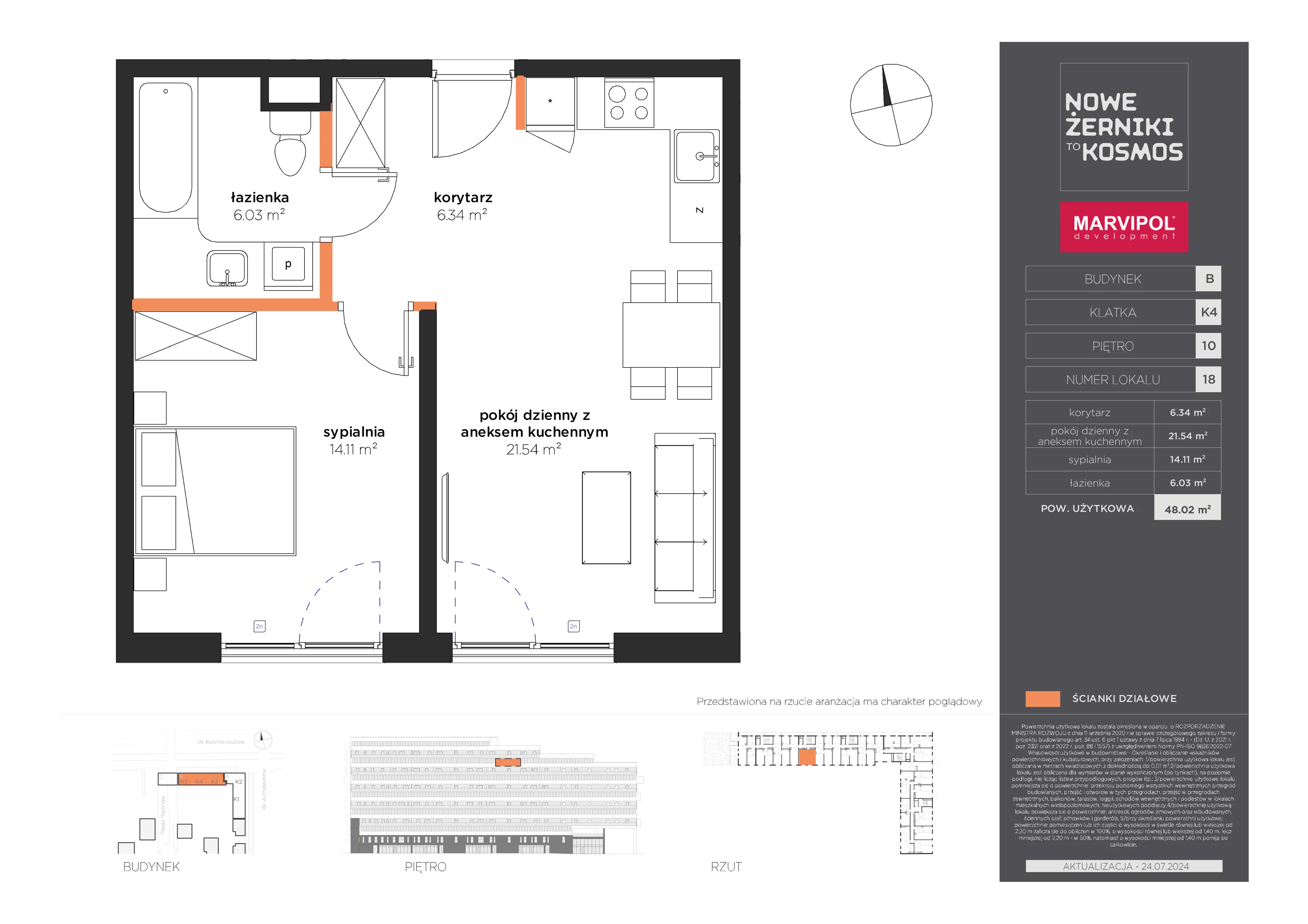 2 pokoje, mieszkanie 48,02 m², piętro 10, oferta nr B/B-10-18-K4, Nowe Żerniki to KOSMOS, Wrocław, Żerniki, ul. Kosmonautów / al. Architektów