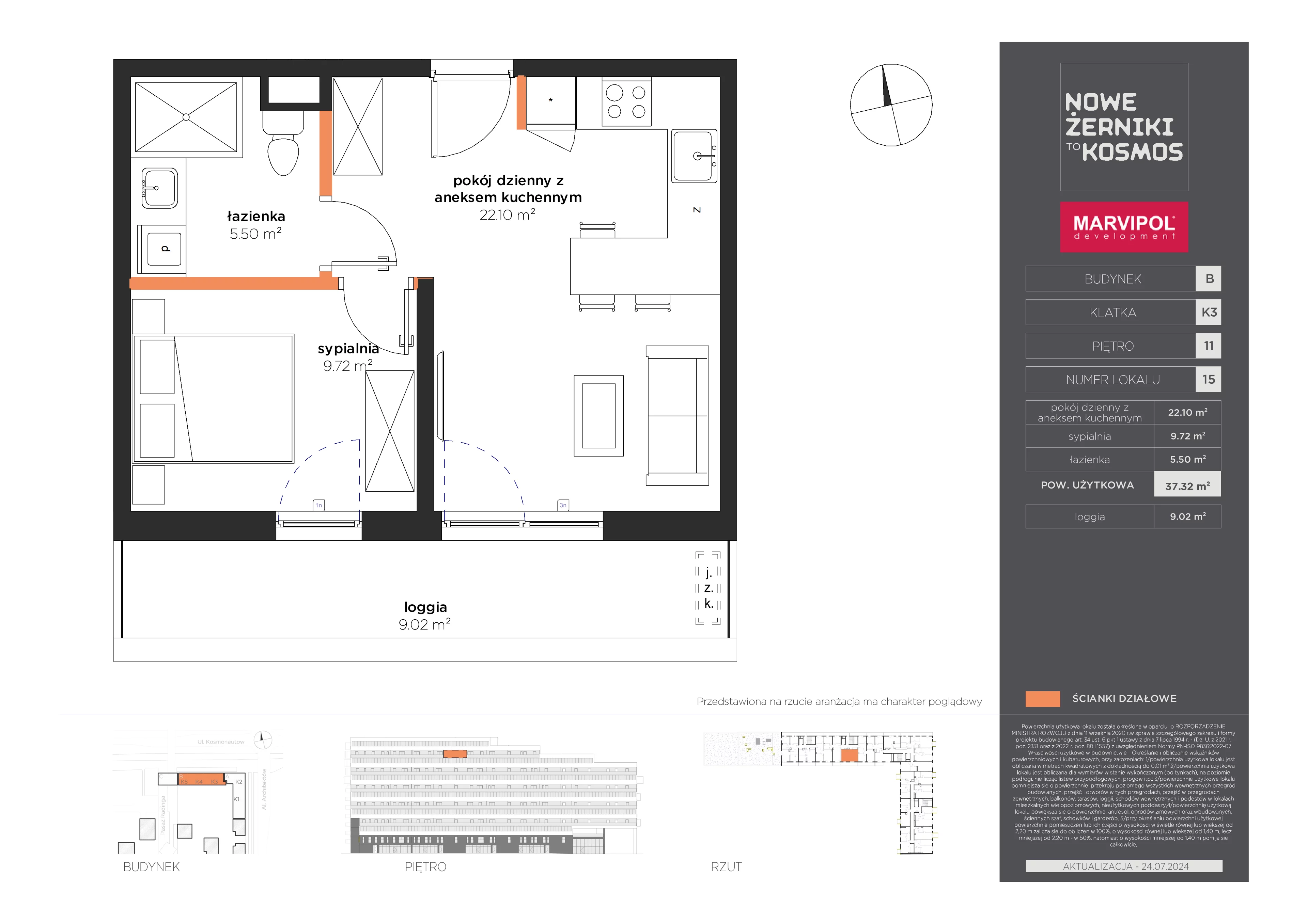 2 pokoje, mieszkanie 37,32 m², piętro 11, oferta nr B/B-11-15-K3, Nowe Żerniki to KOSMOS, Wrocław, Żerniki, ul. Kosmonautów / al. Architektów